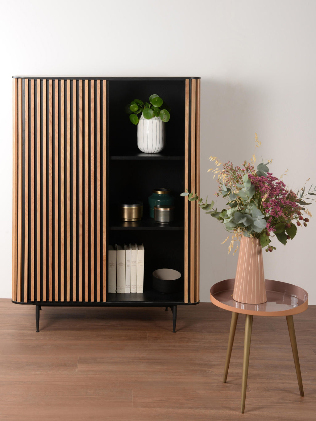 Linea Highboard with Sliding Door and Ribbed Front