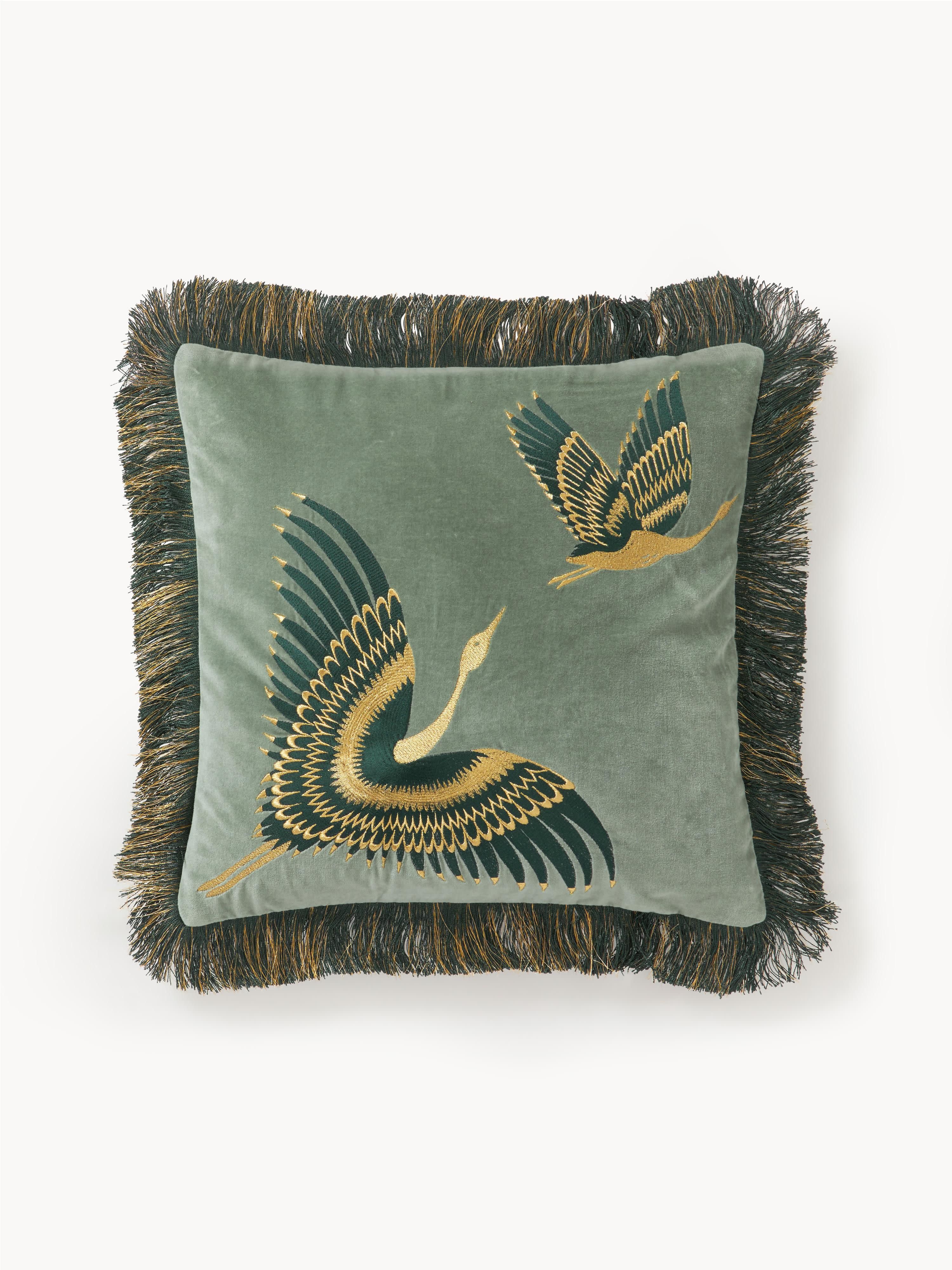 Gallery image 1 - Embroidered Velvet Cushion Cover Onyx with Fringes
