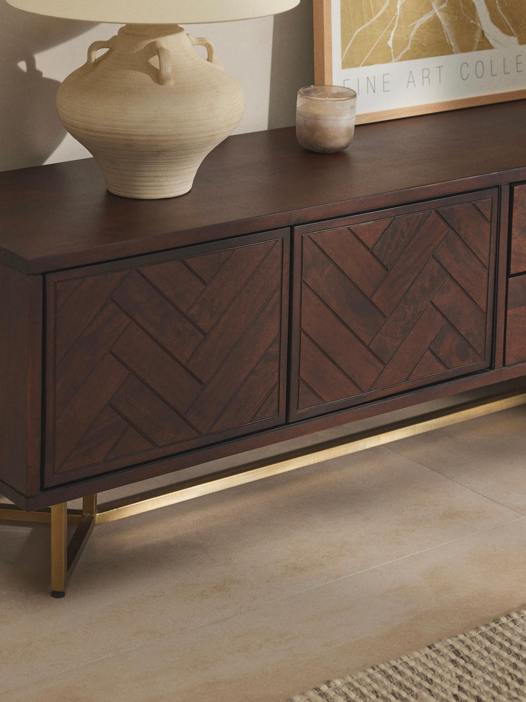 Luca Mango Wood Lowboard with Herringbone Pattern