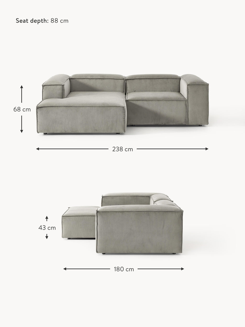 Lennon Corduroy Modular Corner Sofa (3-seater)