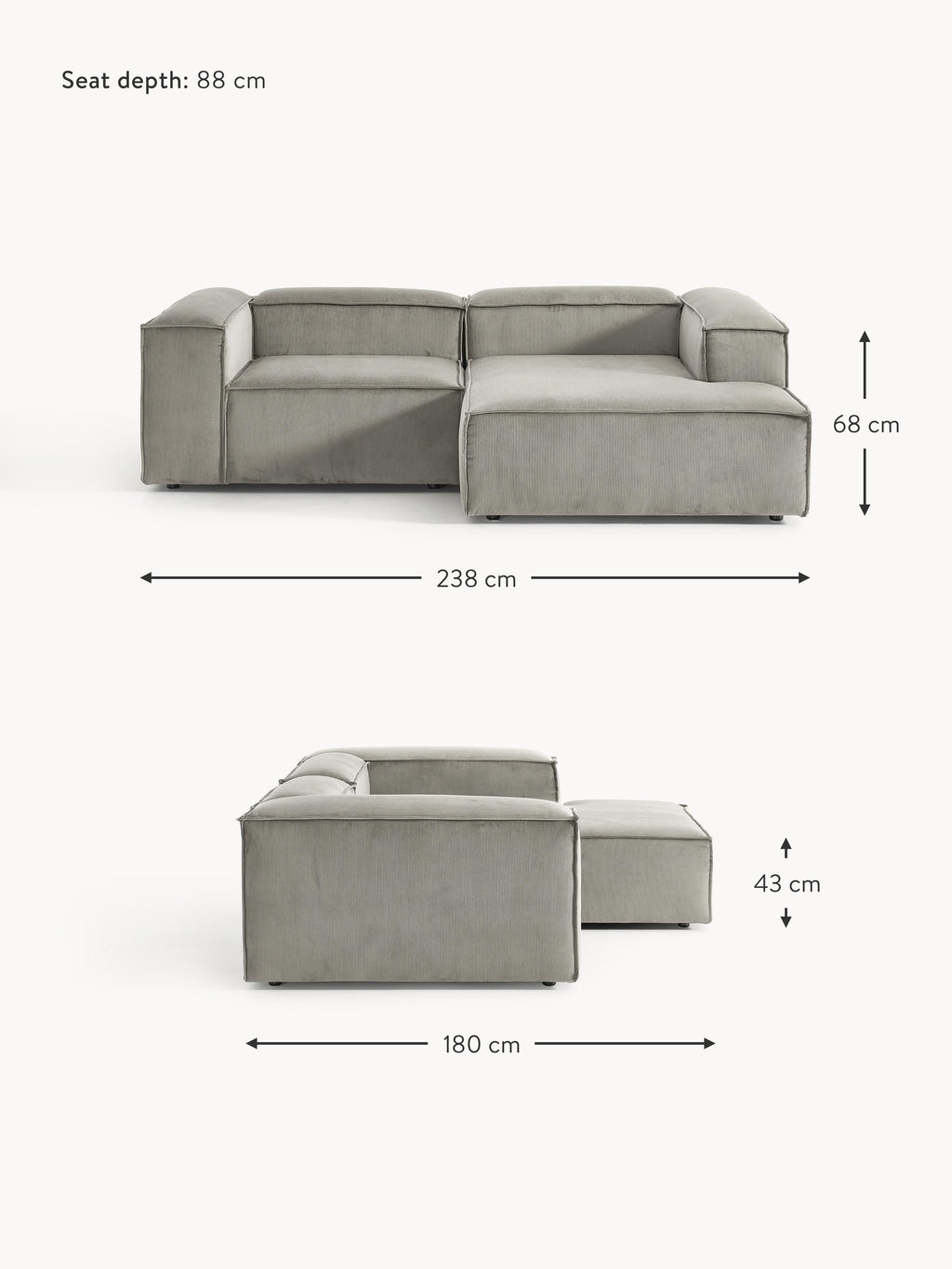 Lennon Corduroy Modular Corner Sofa (3-seater)