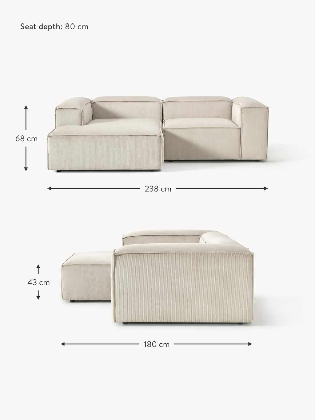 Lennon Corduroy Modular Corner Sofa (2-seater)