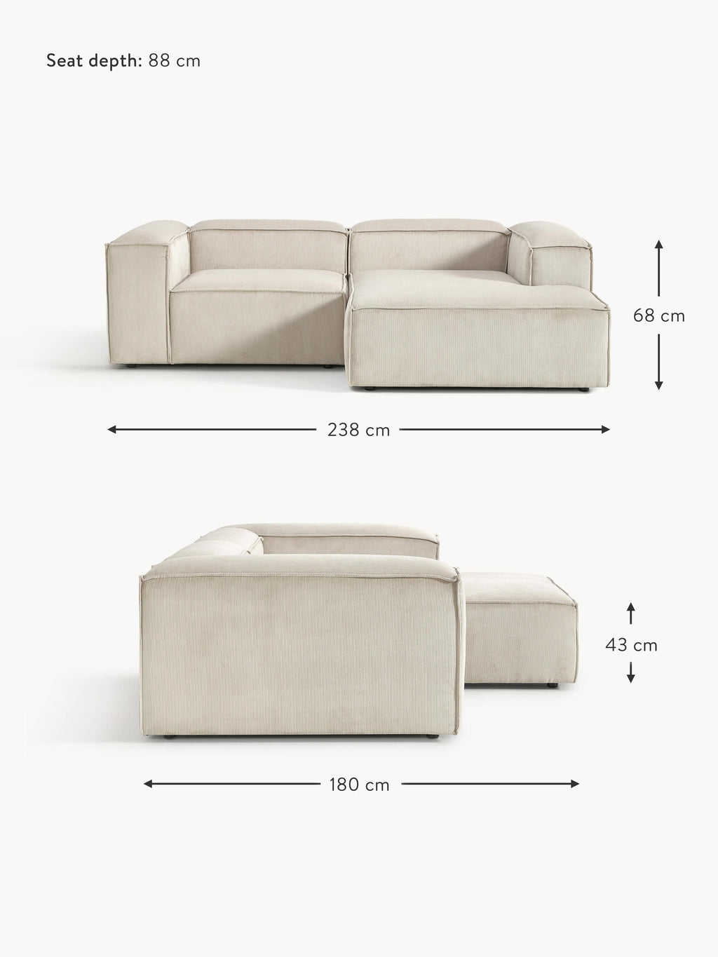 Lennon Corduroy Modular Corner Sofa (2-seater)