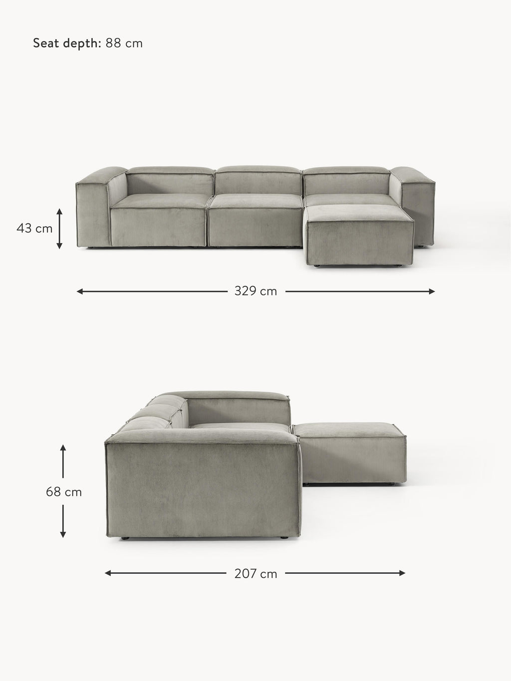 Lennon Corduroy Modular Sofa (4-seater) with Ottoman (left/right)