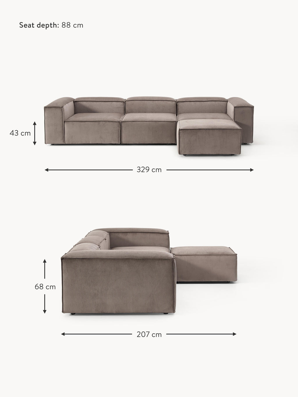 Lennon Corduroy Modular Sofa (4-seater) with Ottoman (left/right)