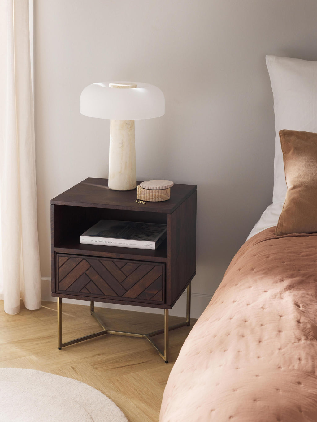 Luca Mango Wood Bedside Table with Herringbone Pattern
