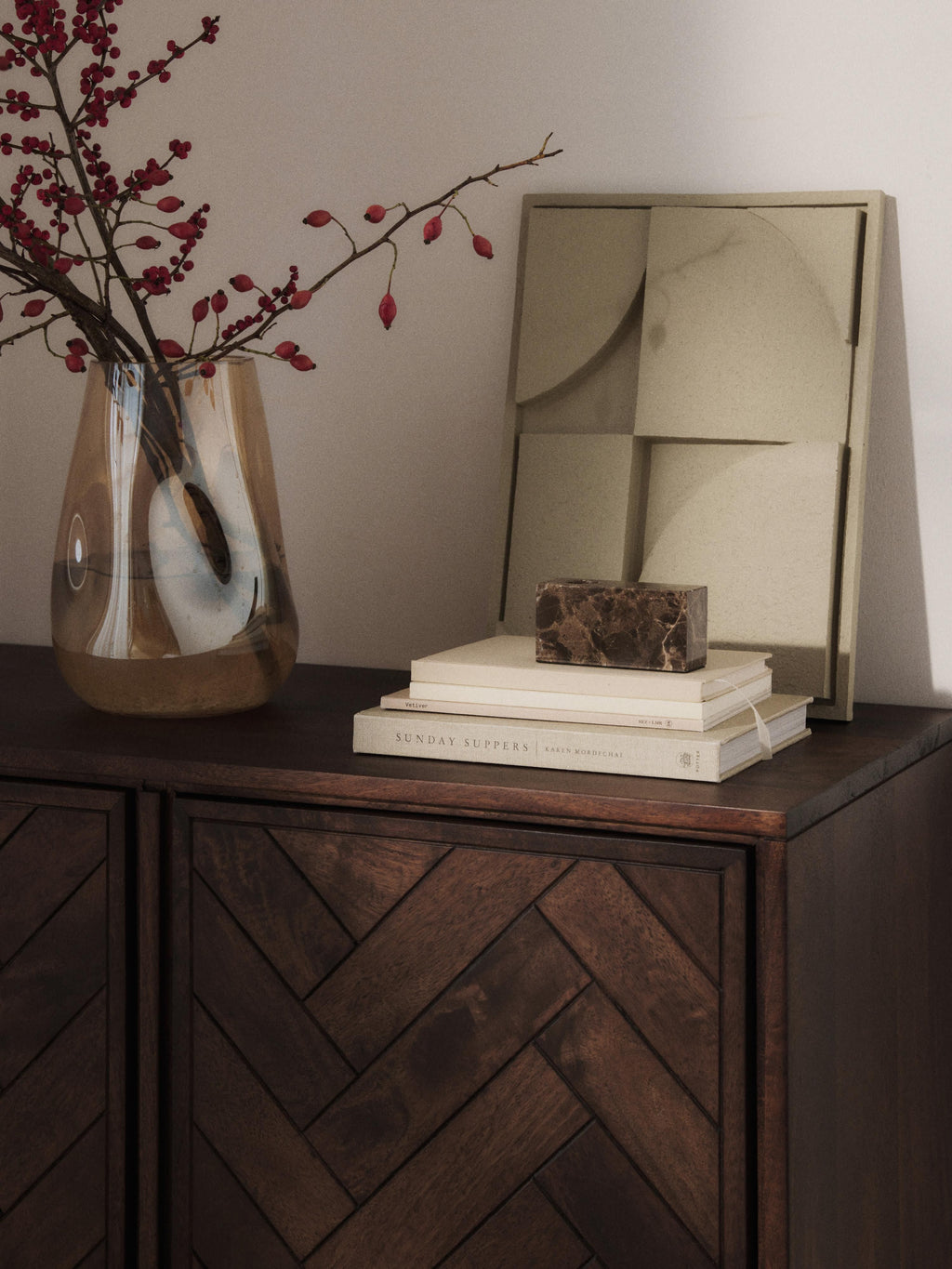 Luca Mango Wood Sideboard with Herringbone Pattern