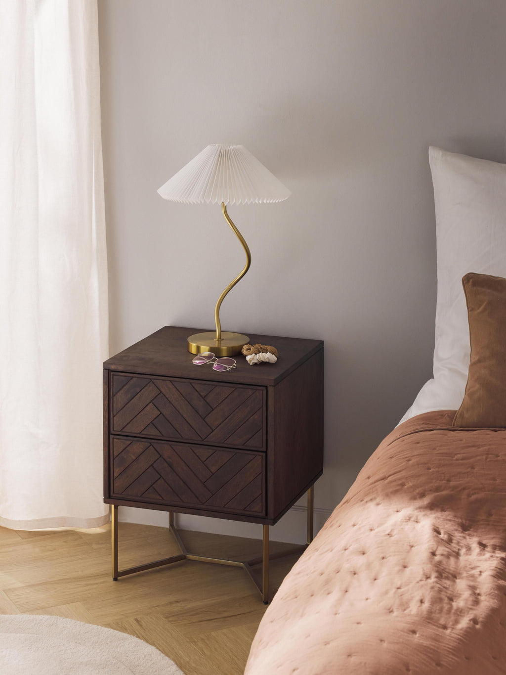 Luca Mango Wood Bedside Table with Herringbone Pattern