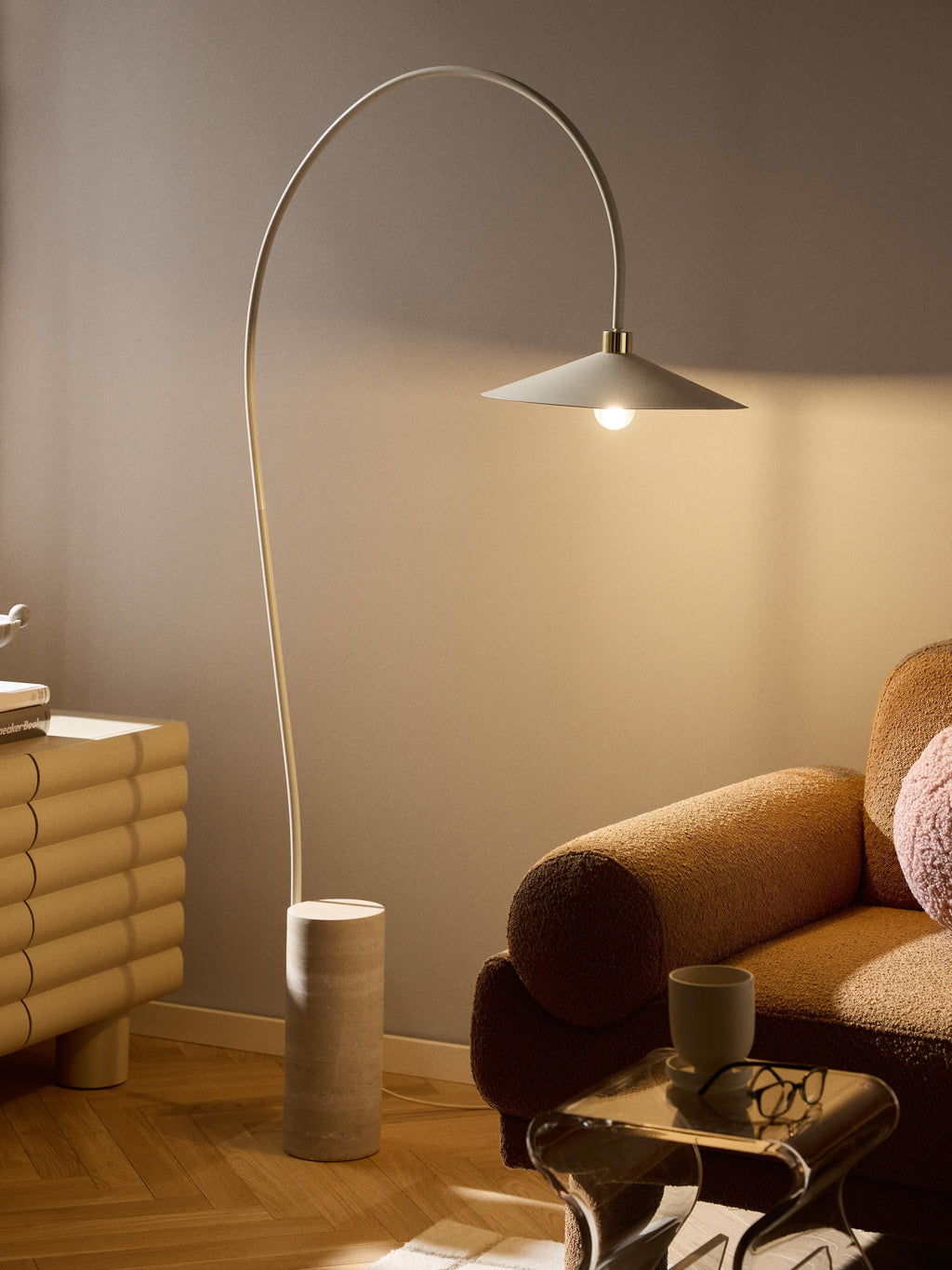 Cora Arc Lamp with Travertine Base