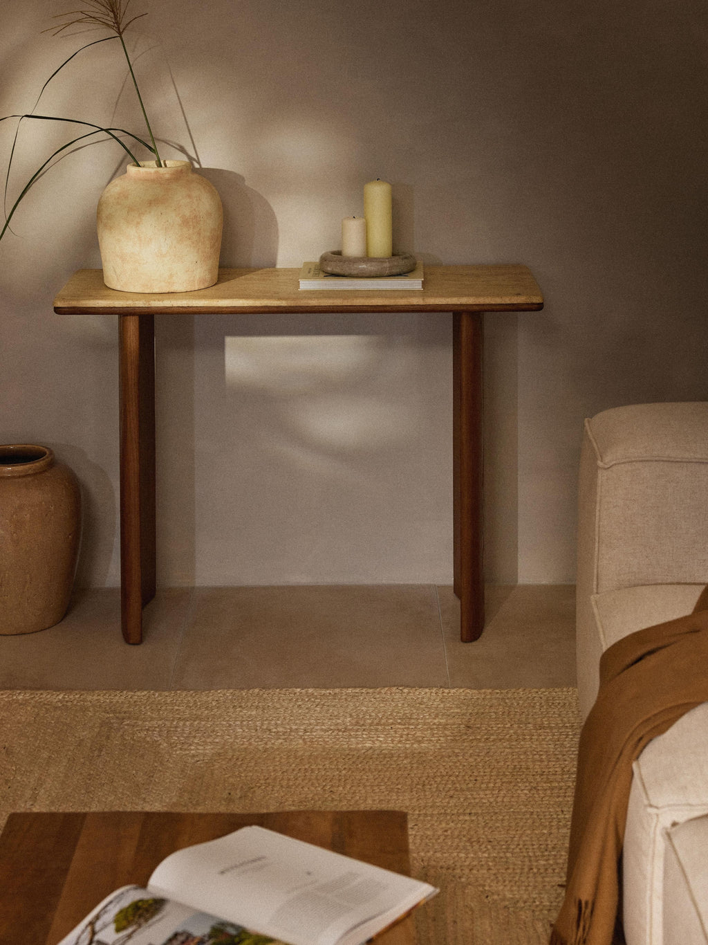 Chandler Oak Wood Console Table with Travertine Table Top