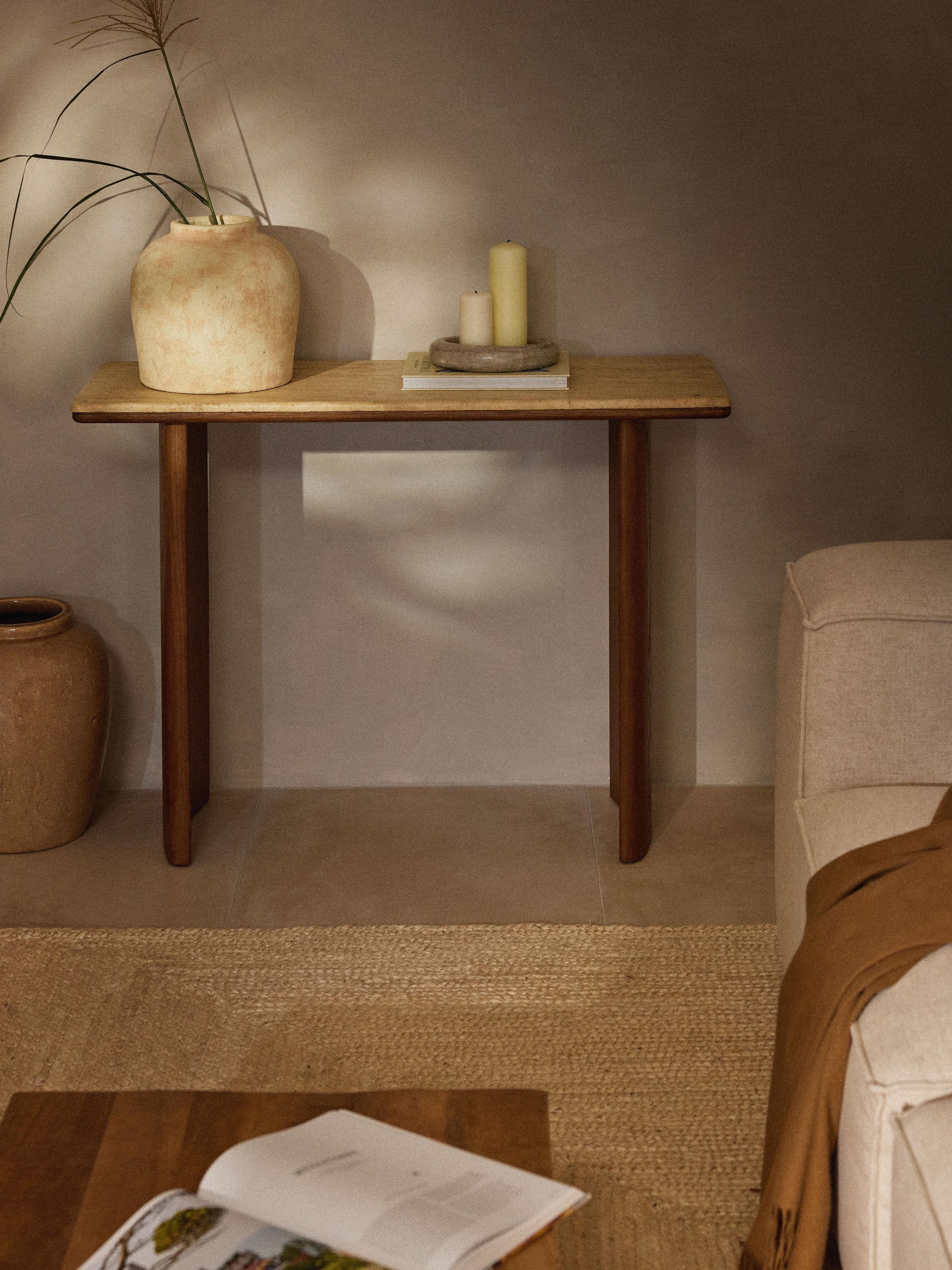 Chandler Oak Wood Console Table with Travertine Table Top