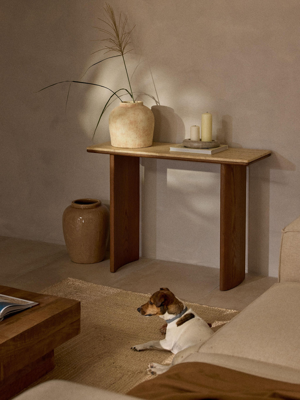 Chandler Oak Wood Console Table with Travertine Table Top