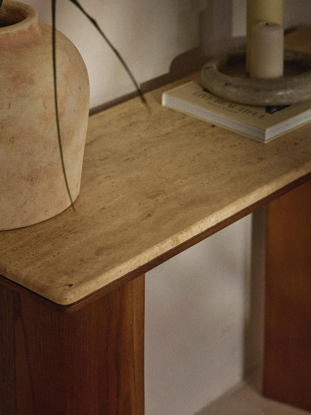 Chandler Oak Wood Console Table with Travertine Table Top