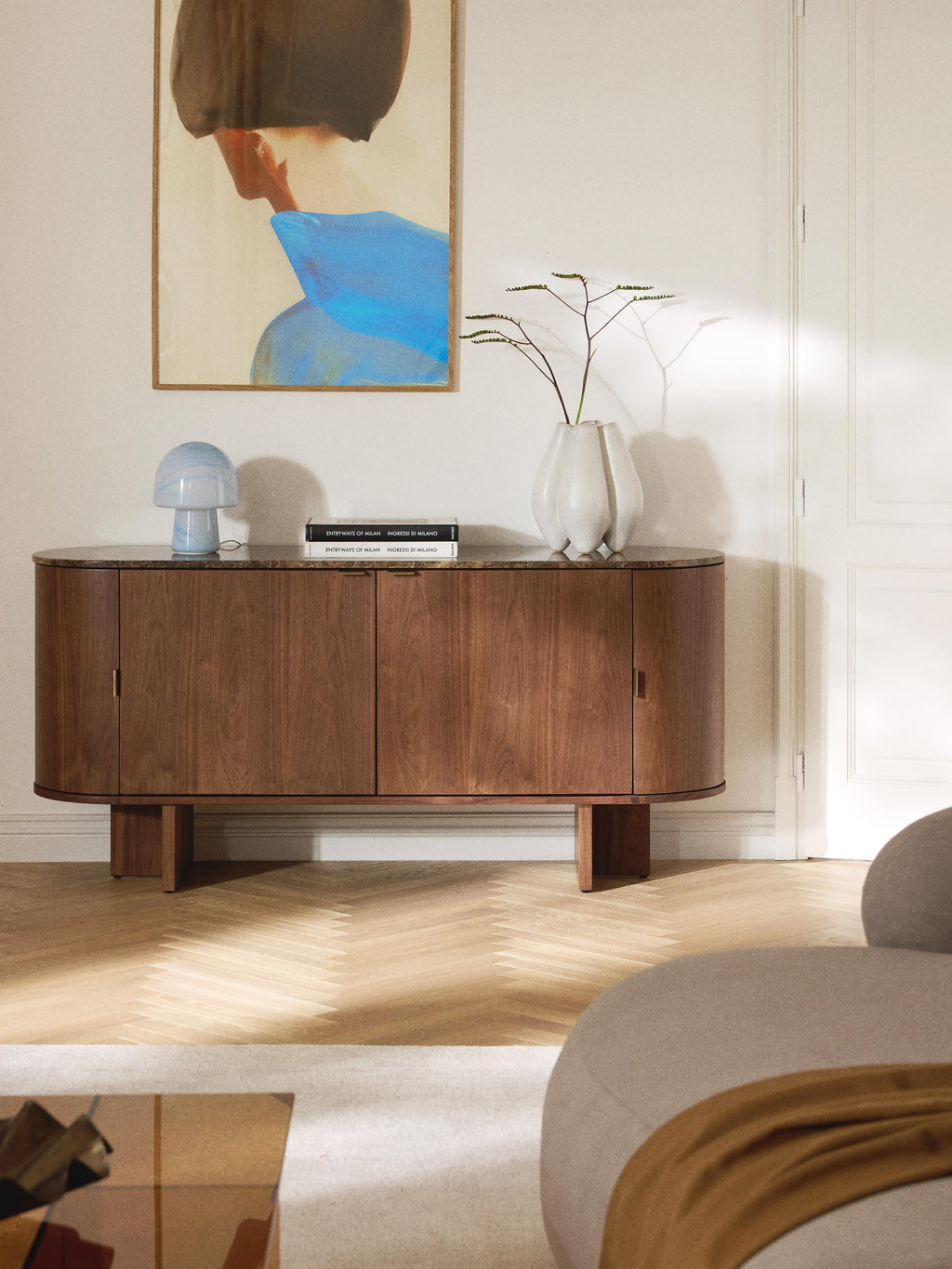 Zumi Wooden Sideboard with Rounded Corners and Marble Top