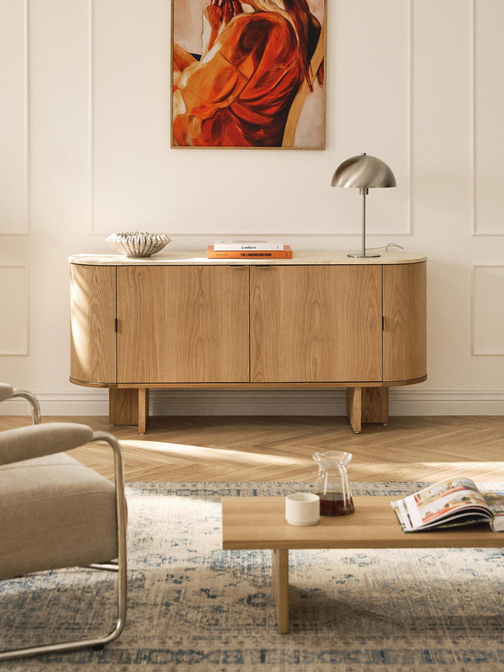 Zumi Wooden Sideboard with Rounded Corners and Travertine Top