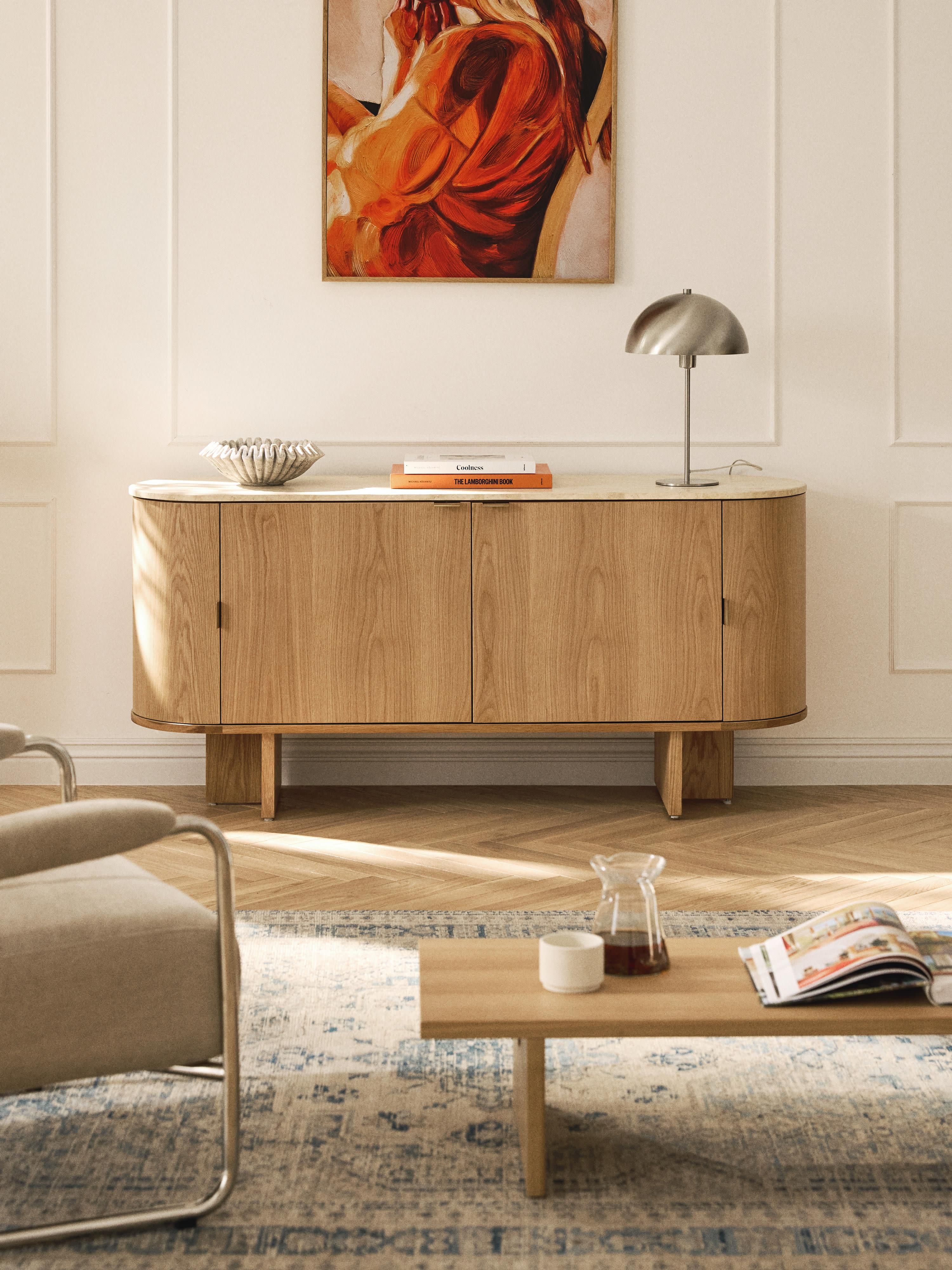 Zumi Wooden Sideboard with Rounded Corners and Travertine Top