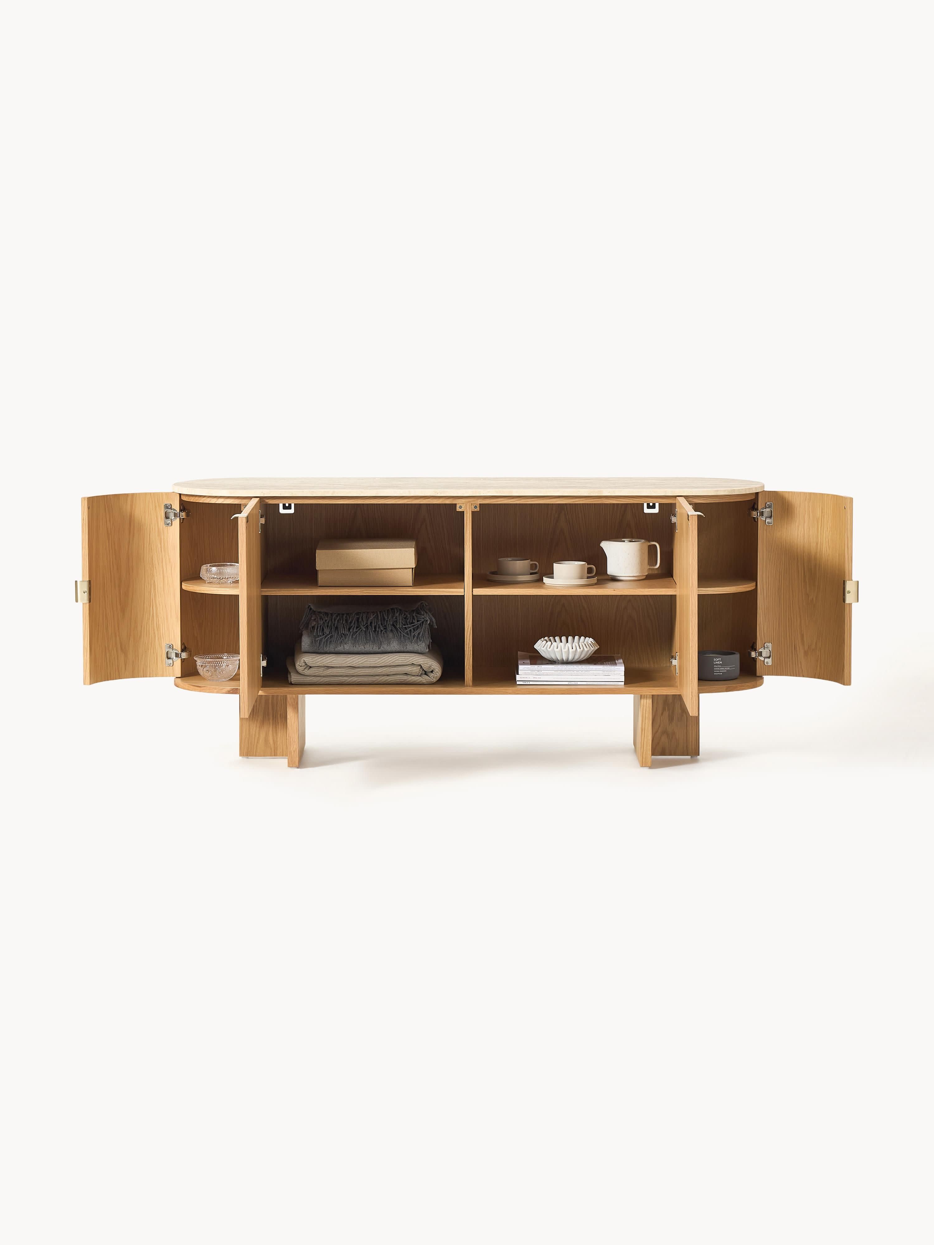 Zumi Wooden Sideboard with Rounded Corners and Travertine Top
