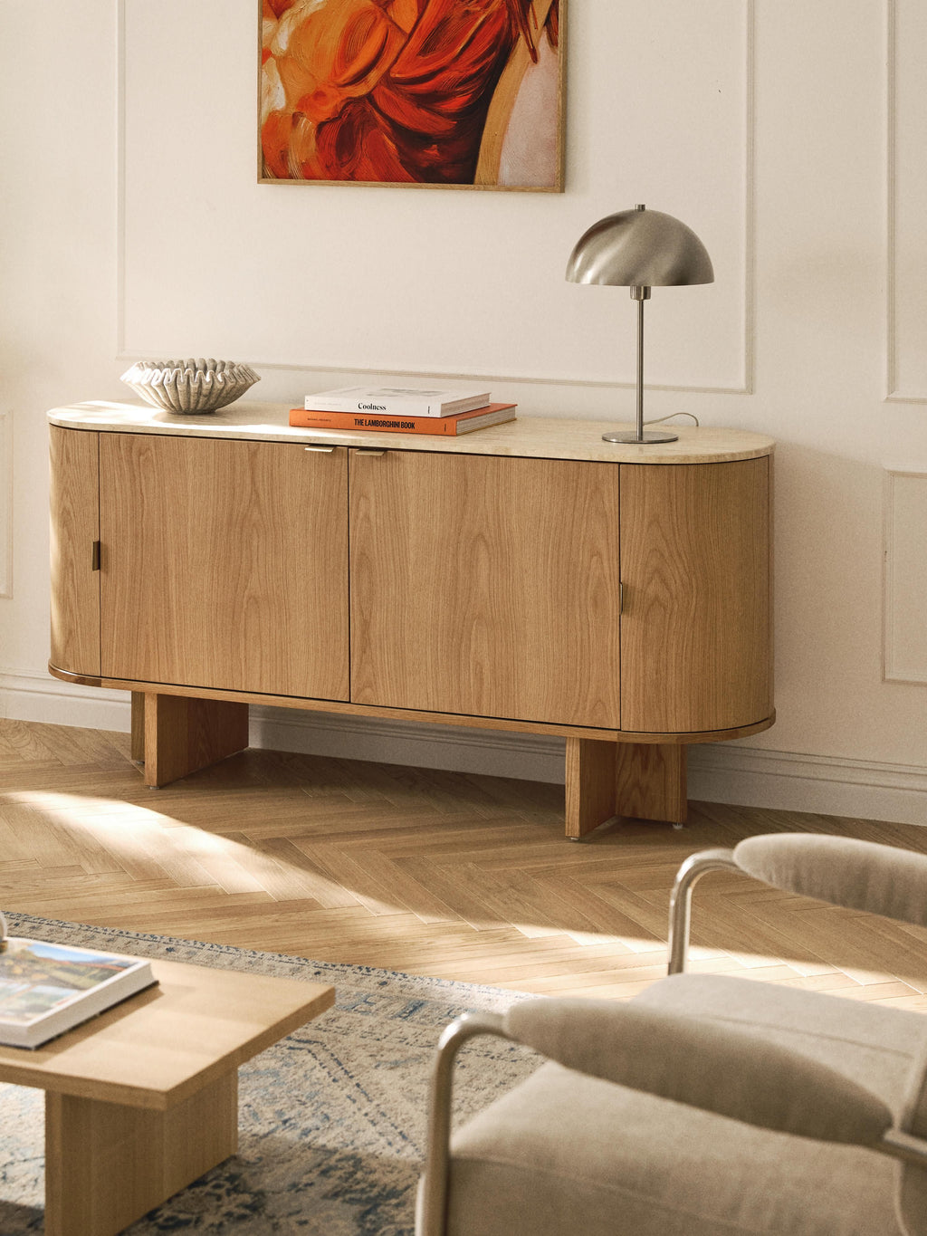 Zumi Wooden Sideboard with Rounded Corners and Travertine Top