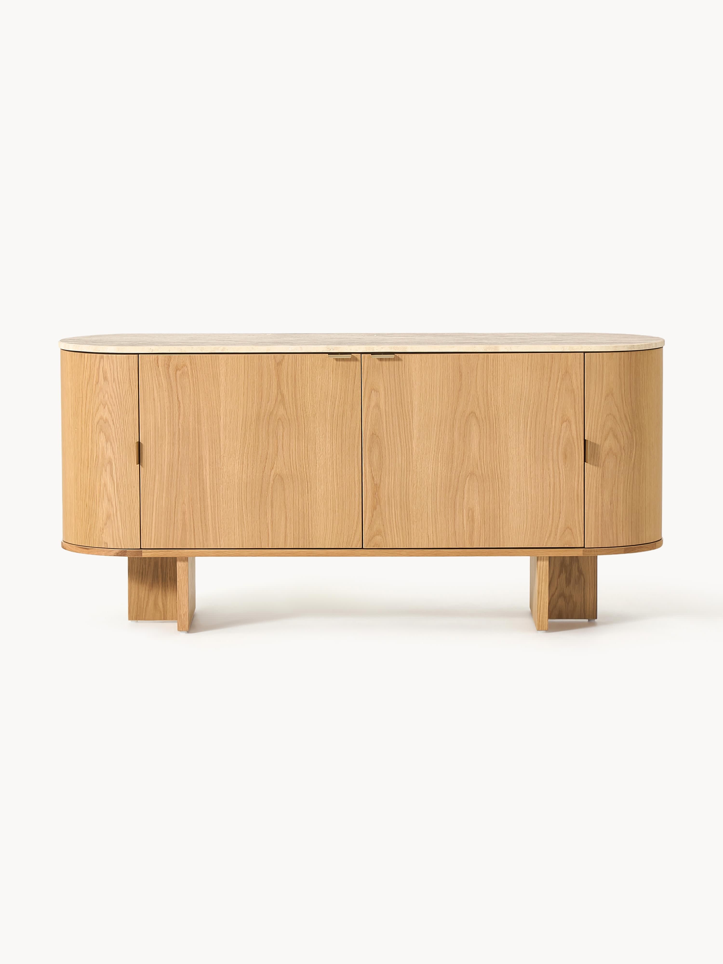 Zumi Wooden Sideboard with Rounded Corners and Travertine Top