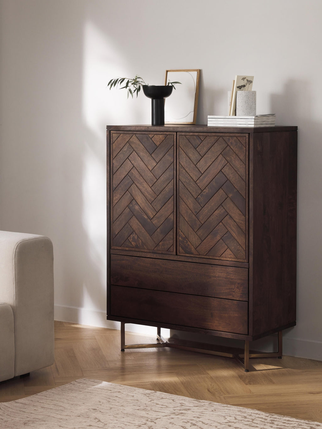 Luca Mango Wood Highboard with Herringbone Pattern