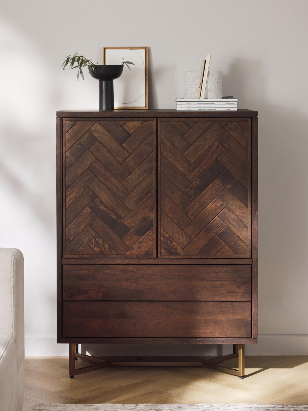 Luca Mango Wood Highboard with Herringbone Pattern