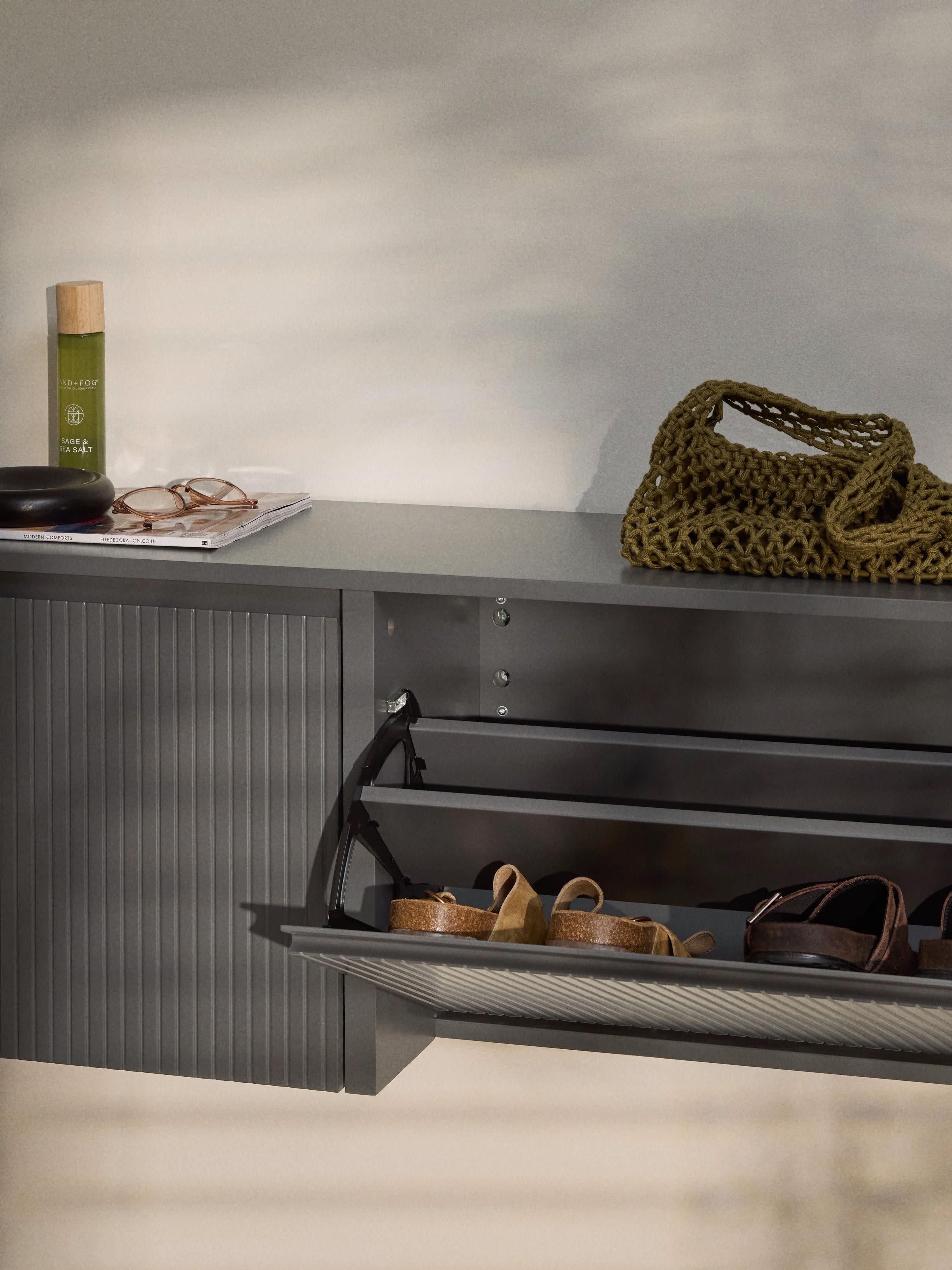 Shea Wall-Mounted Fold Out Shoe Cabinet with Ribbed Front