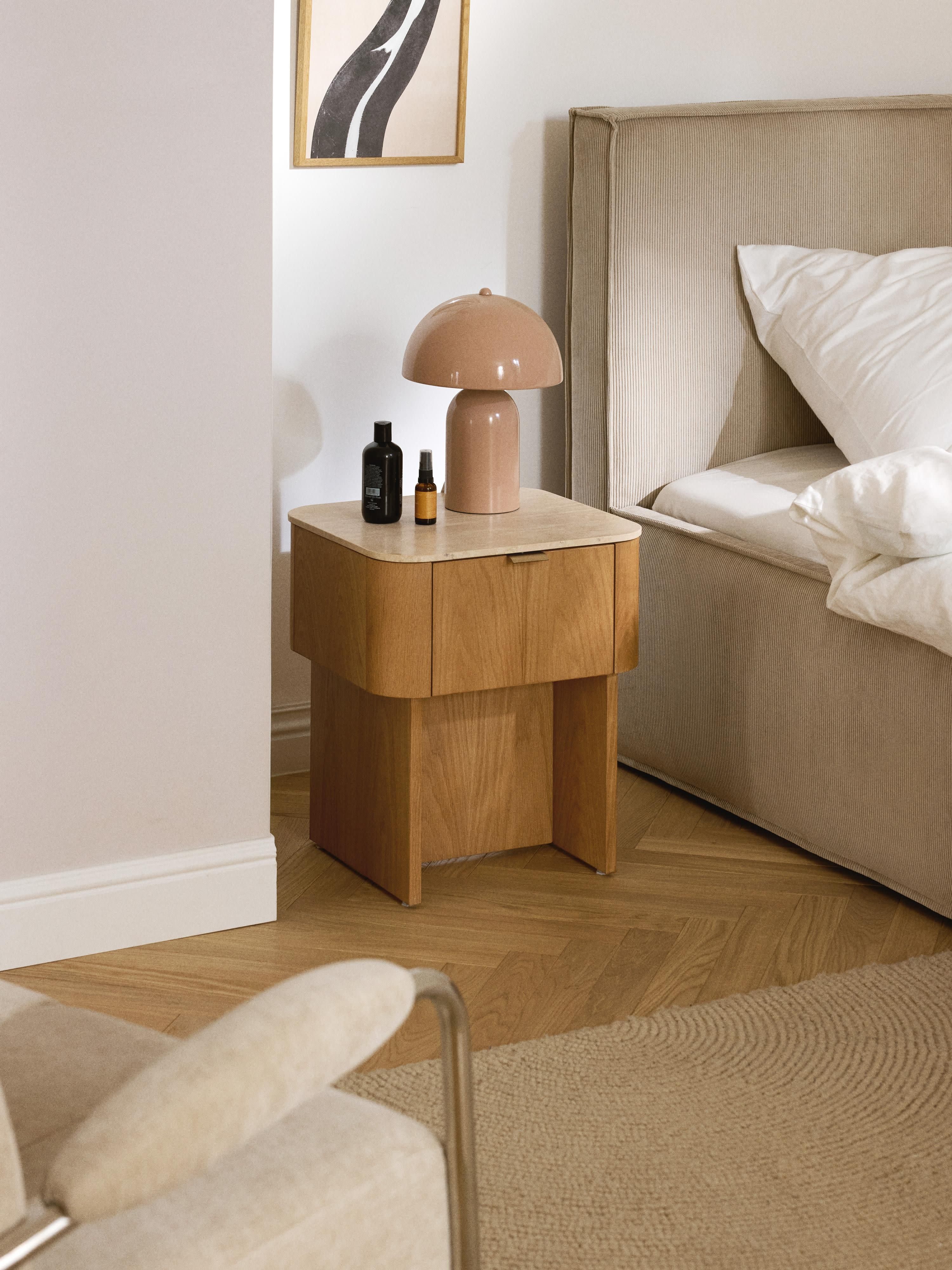 Zumi Wooden Bedside Table with Travertine Table Top