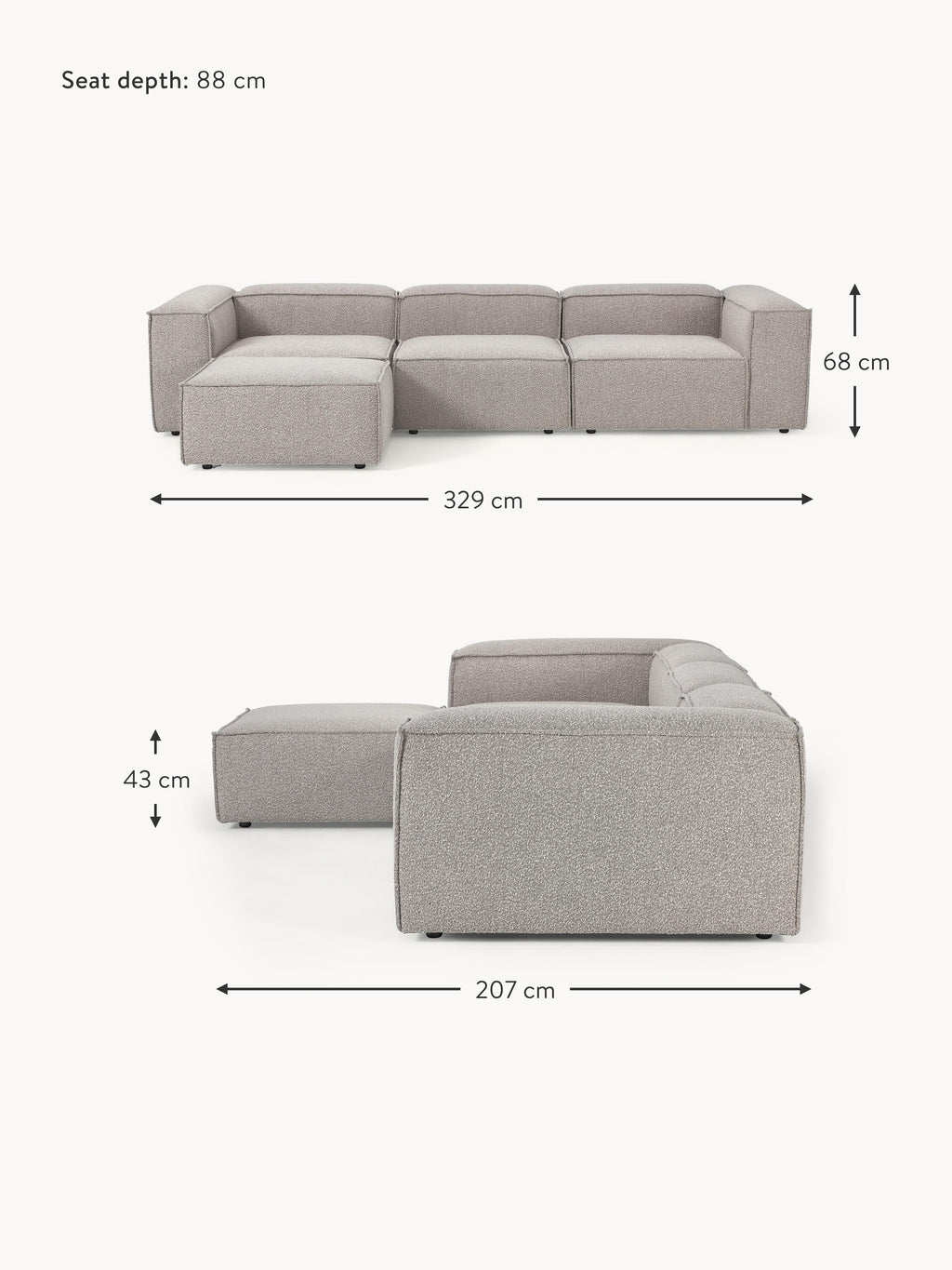 Lennon Bouclé Modular Sofa (4-seater) with Ottoman (left/right)