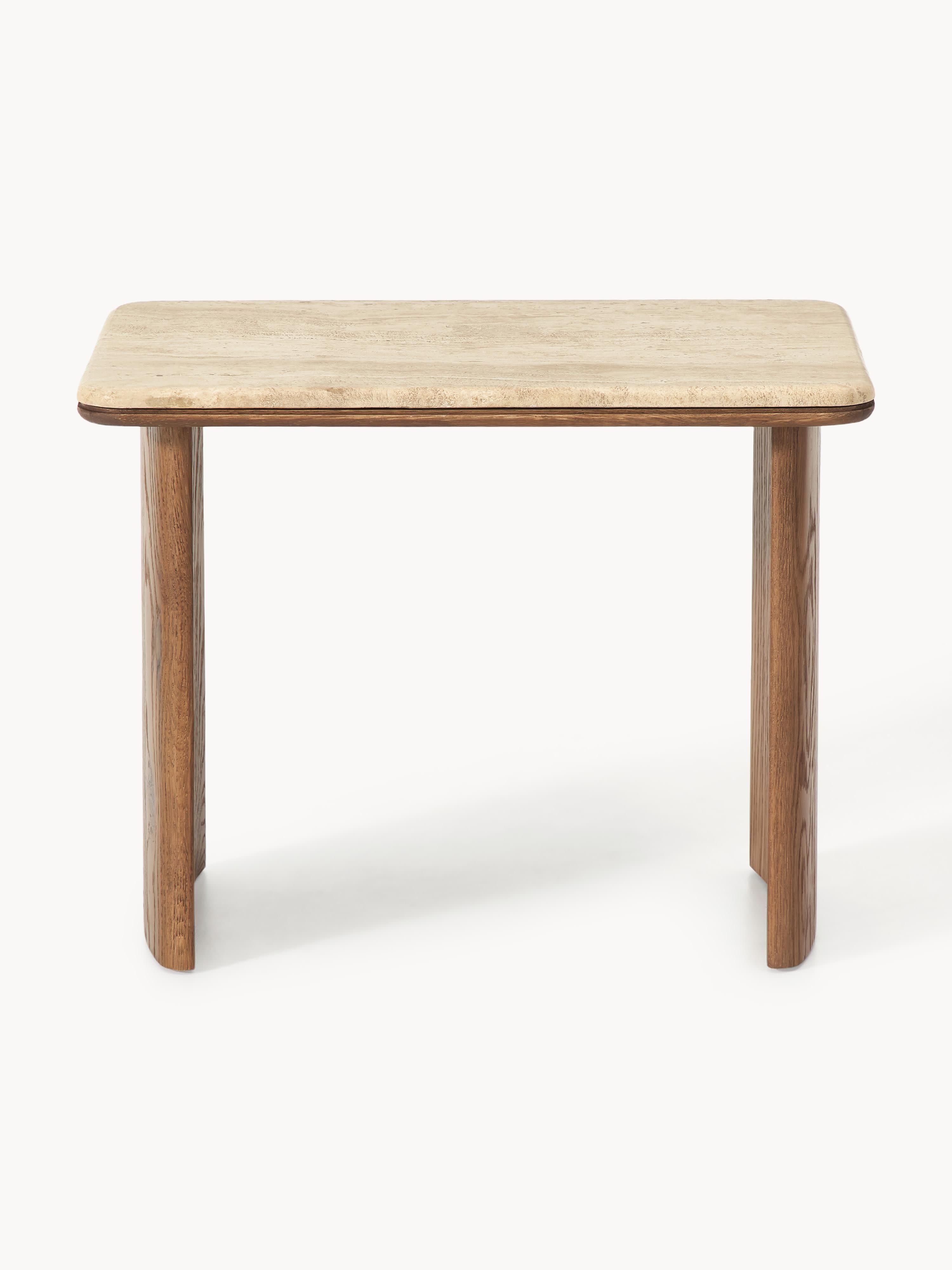 Chandler Oak Wood Side Tables with Travertine Top, Set of 2