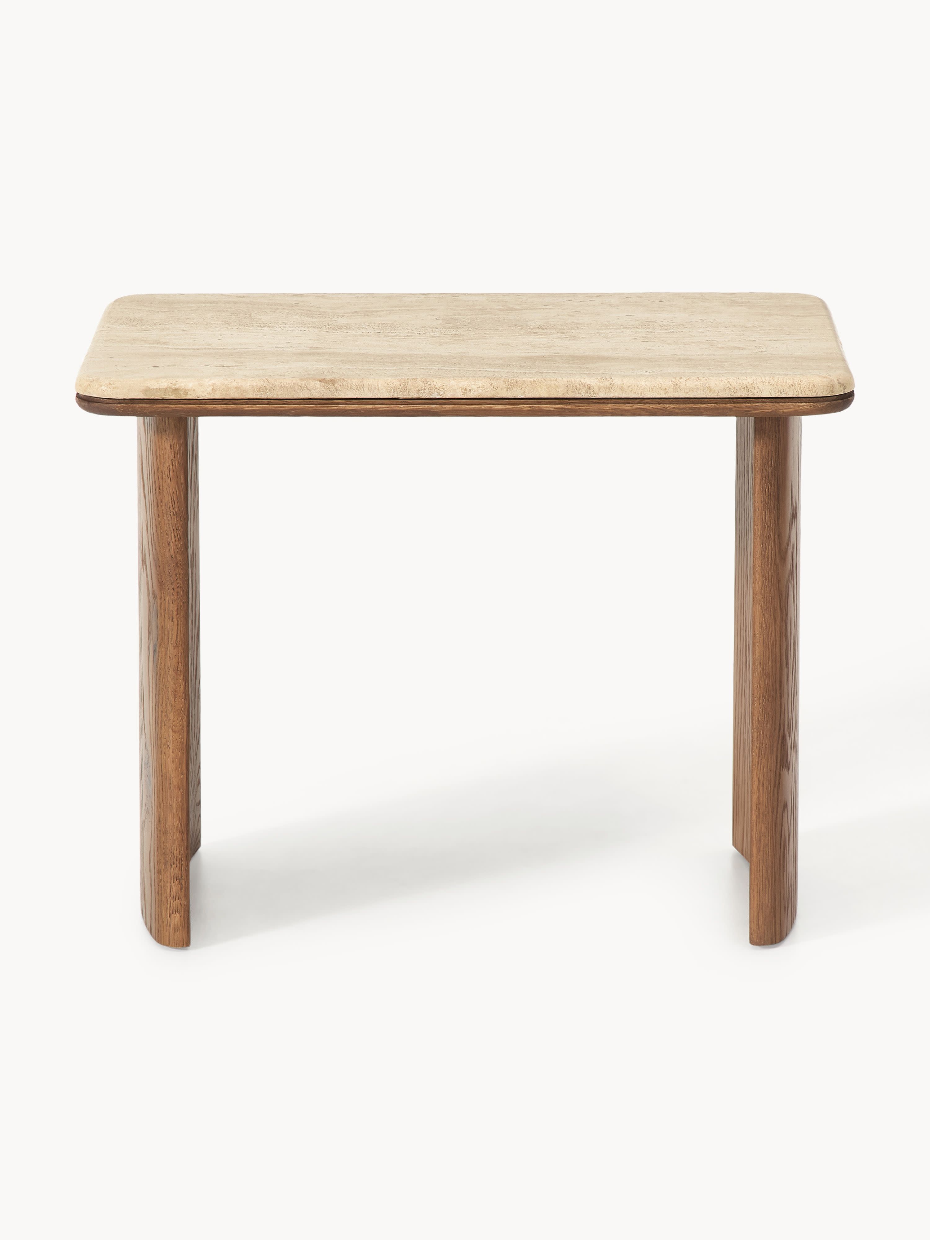 Chandler Oak Wood Side Tables with Travertine Top, Set of 2