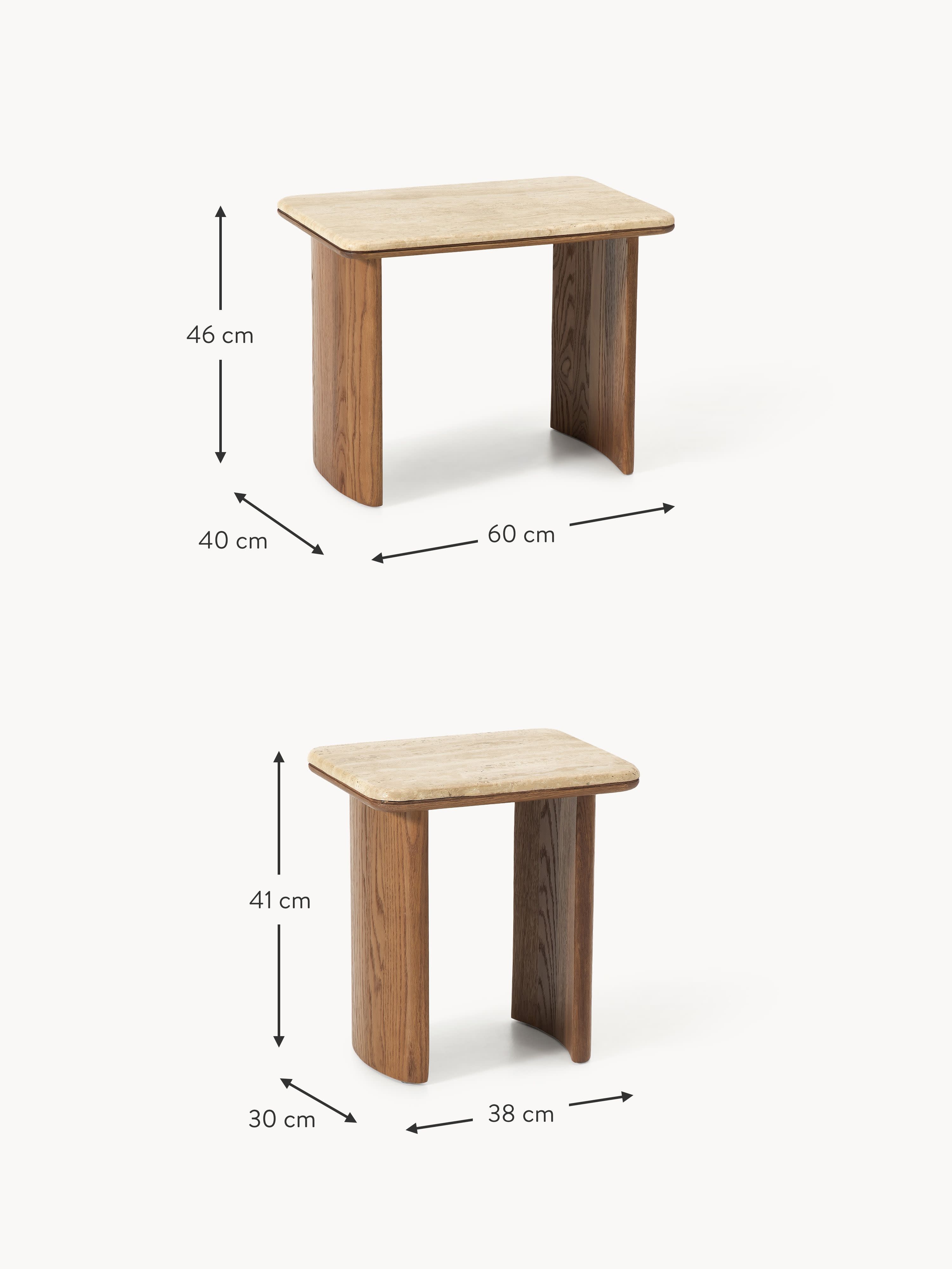 Chandler Oak Wood Side Tables with Travertine Top, Set of 2