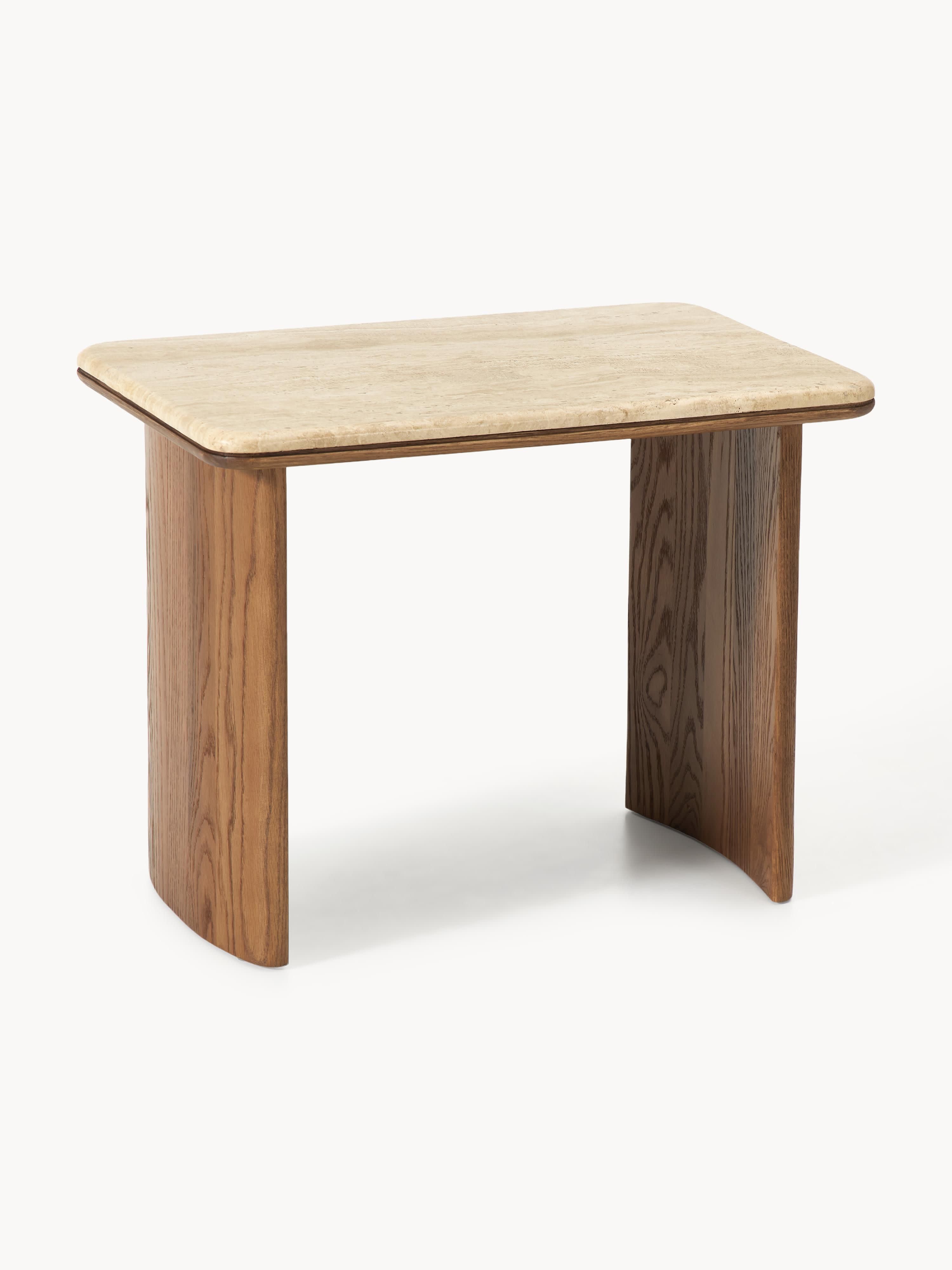 Chandler Oak Wood Side Tables with Travertine Top, Set of 2