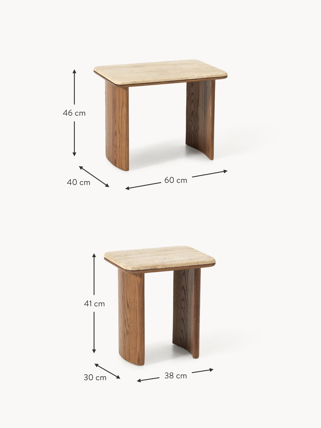 Chandler Oak Wood Side Tables with Travertine Top, Set of 2