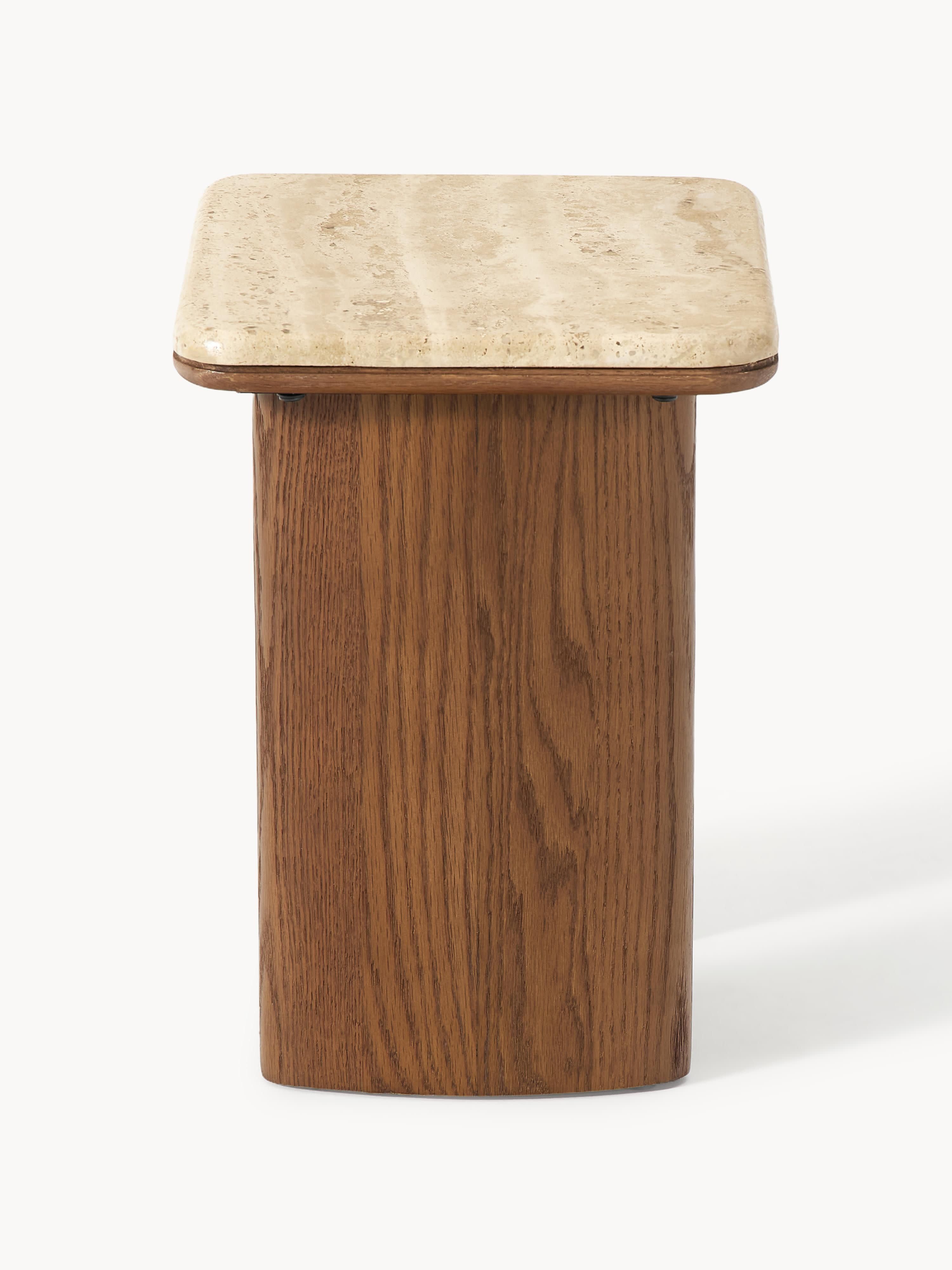Chandler Oak Wood Side Tables with Travertine Top, Set of 2