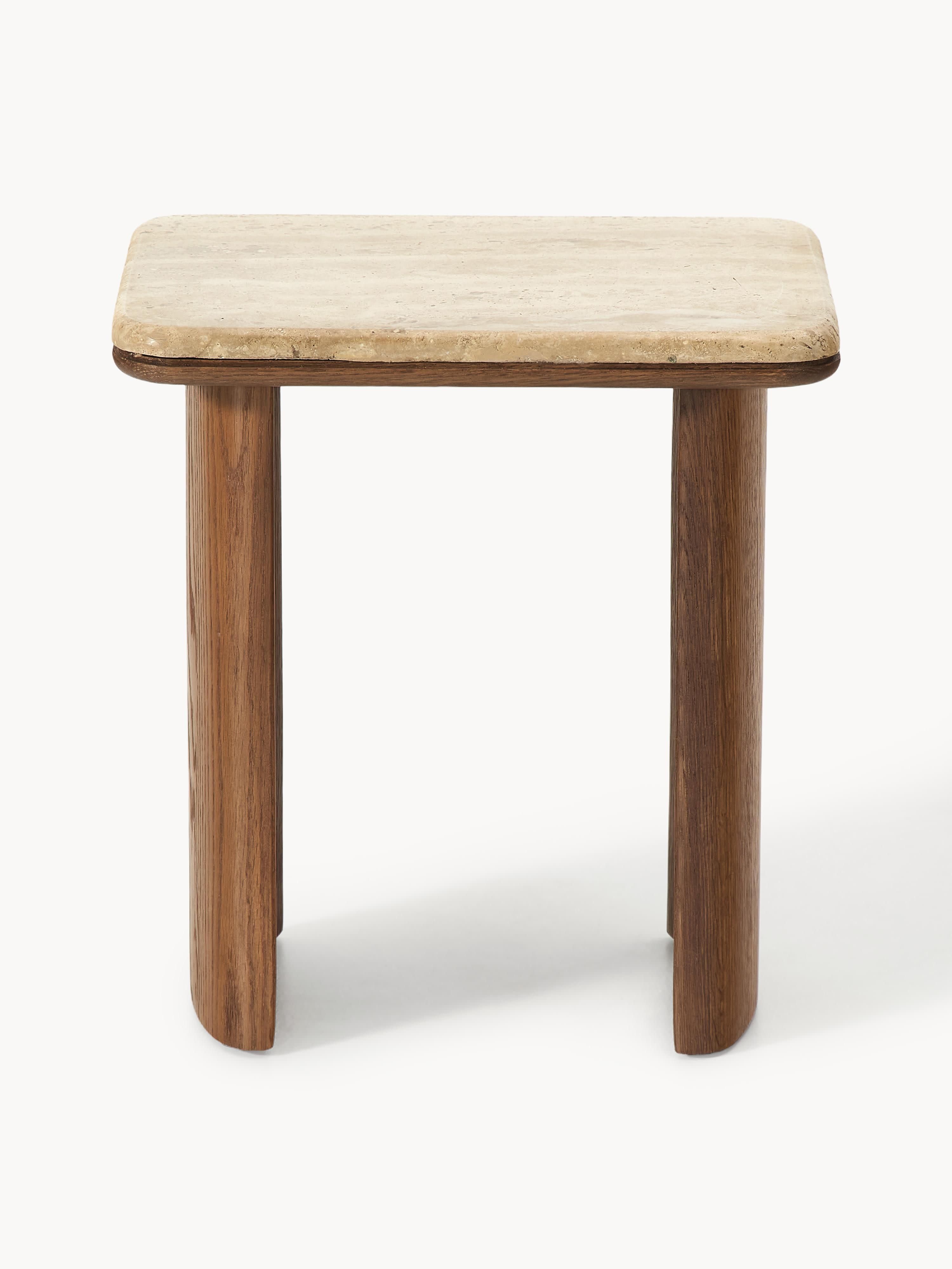 Chandler Oak Wood Side Tables with Travertine Top, Set of 2