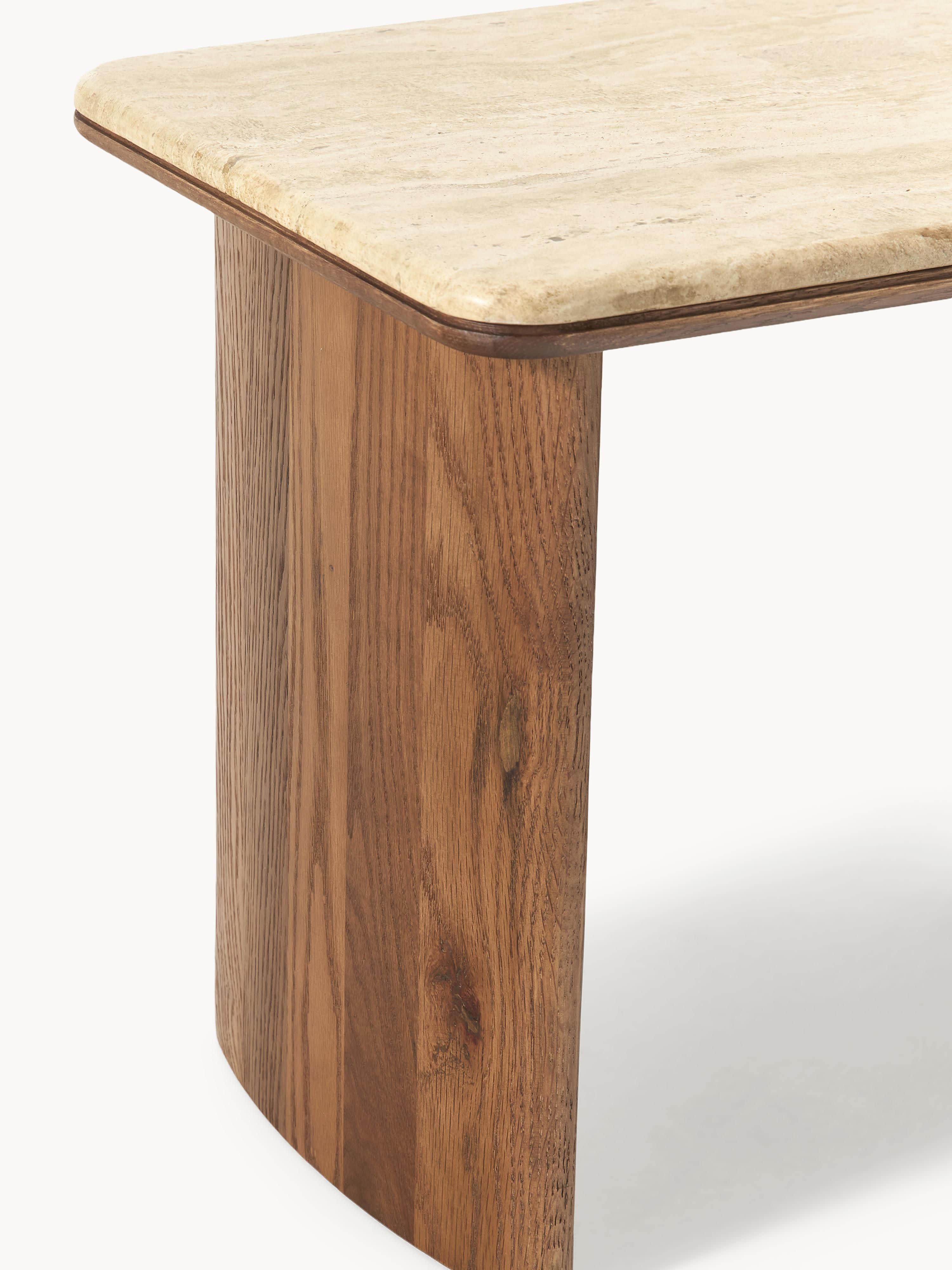 Chandler Oak Wood Side Tables with Travertine Top, Set of 2