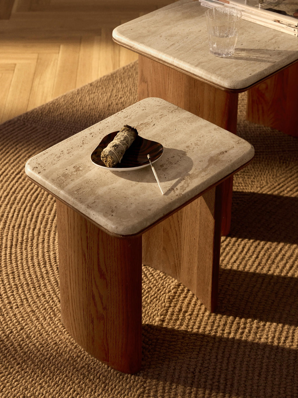 Chandler Oak Wood Side Tables with Travertine Top, Set of 2