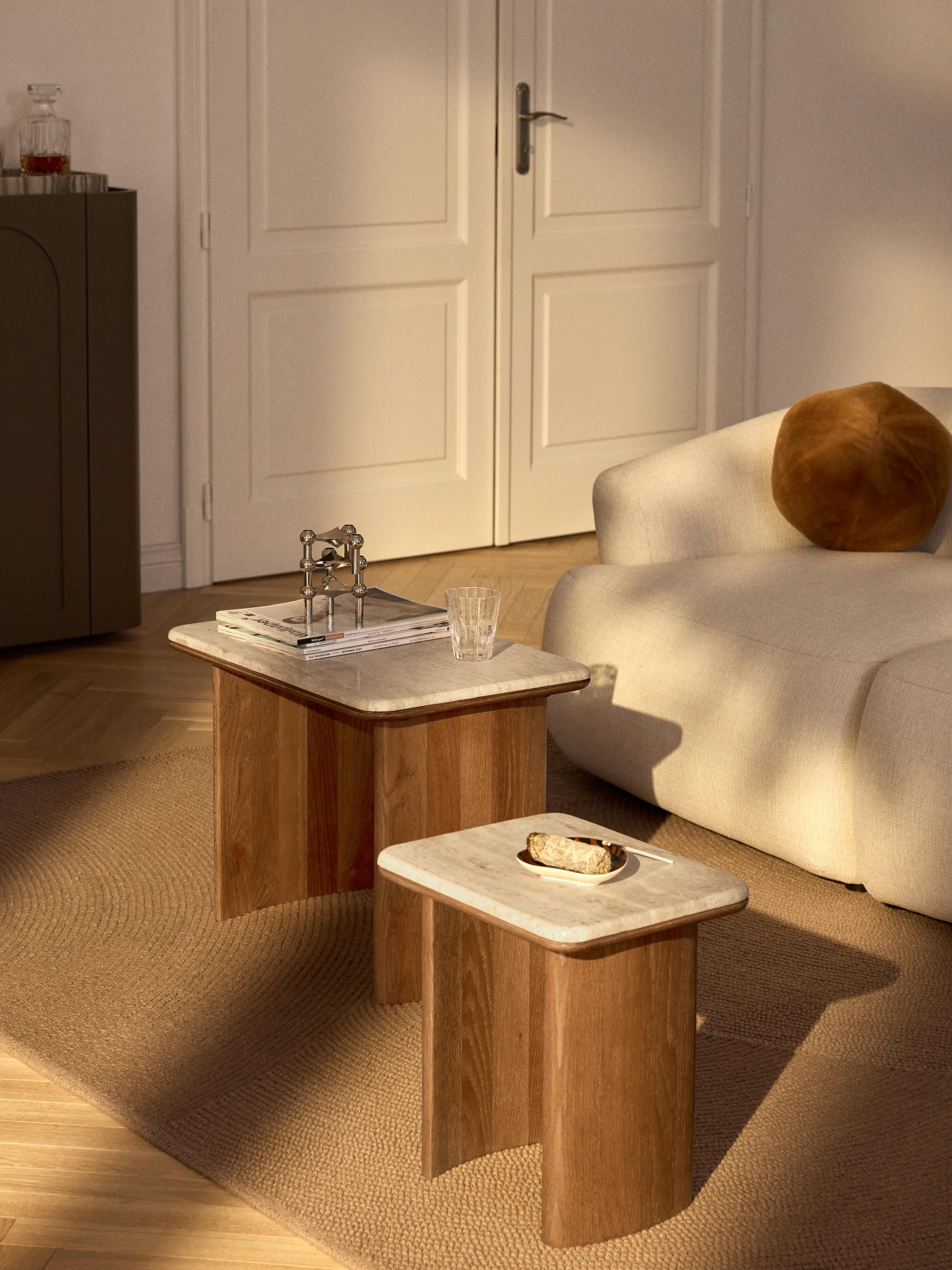 Chandler Oak Wood Side Tables with Travertine Top, Set of 2