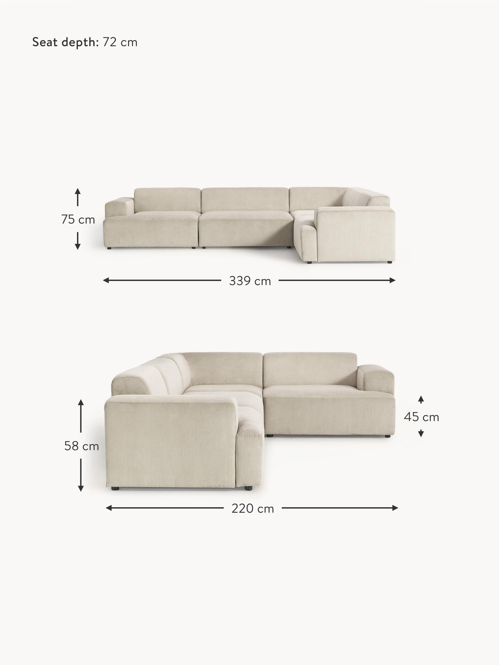 Melva Large Corduroy Corner Sofa (4-seater)
