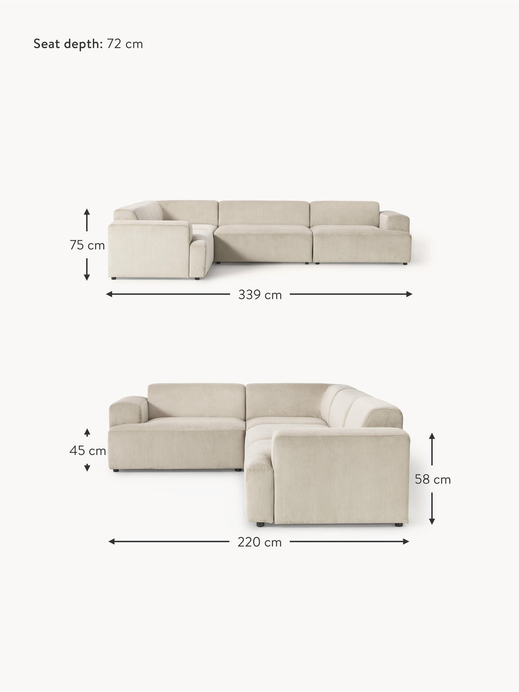 Melva Large Corduroy Corner Sofa (4-seater)