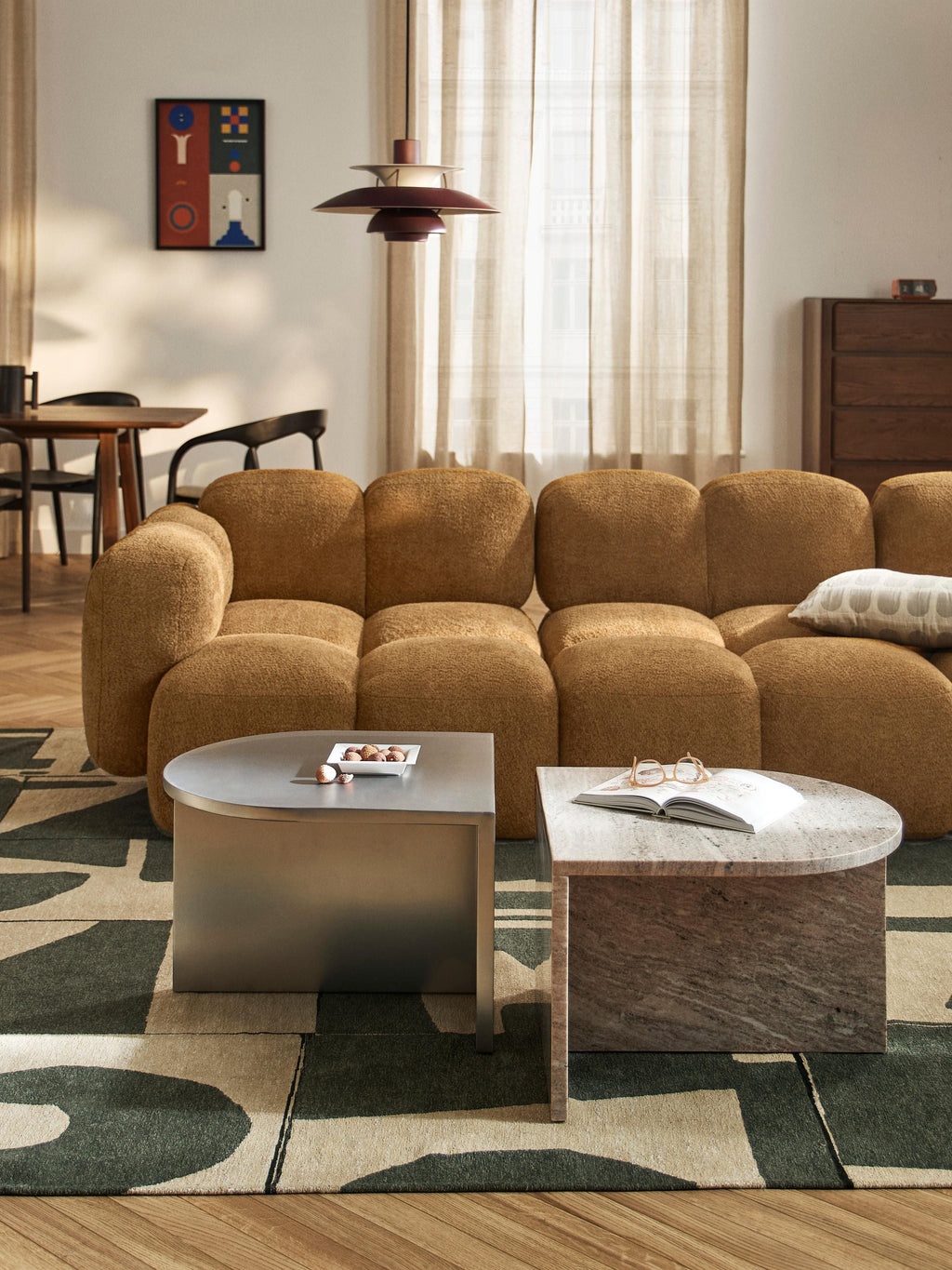 Leander Oval Metal and Marble Coffee Tables, Set of 2