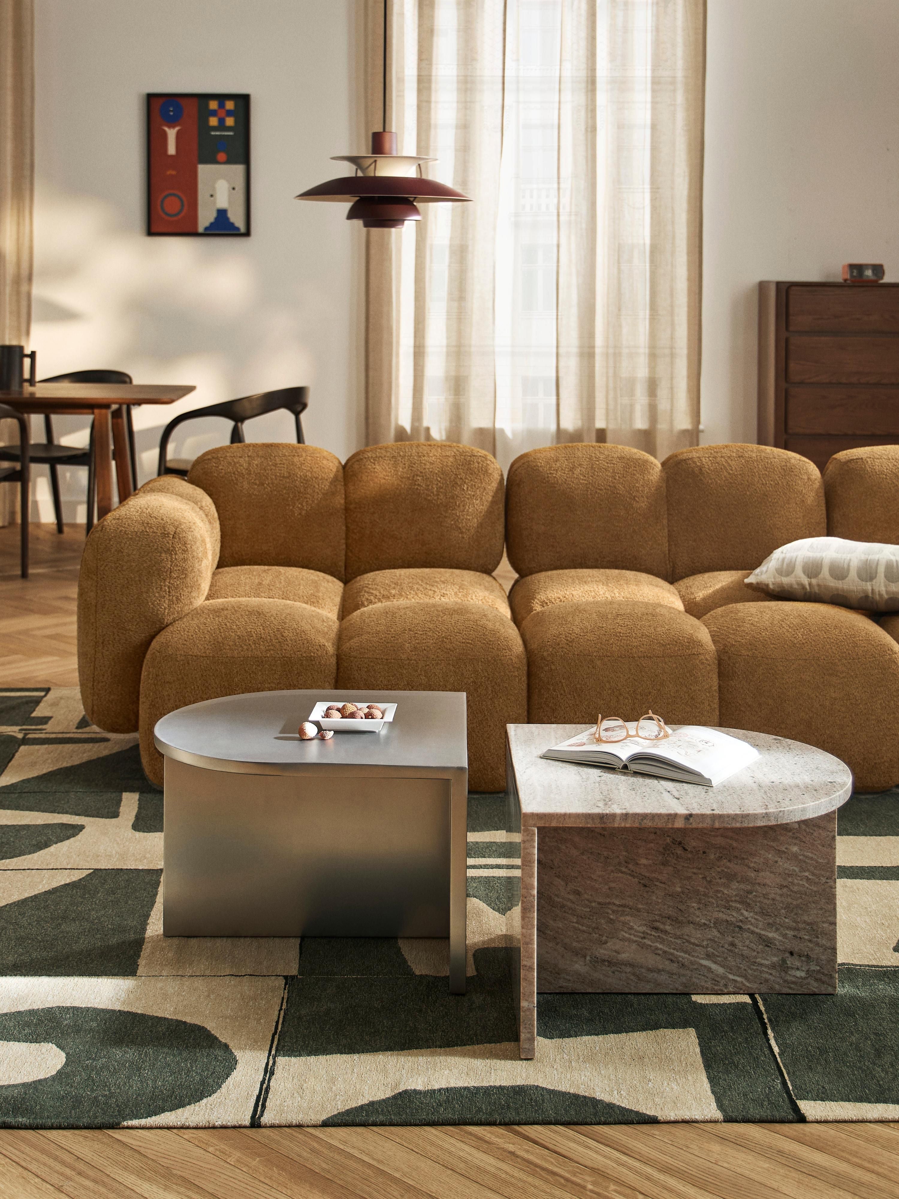 Leander Oval Metal and Marble Coffee Tables, Set of 2