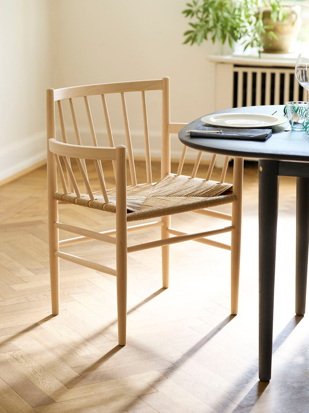 Handwoven Oak Wood Dining Chair J81 with Armrests