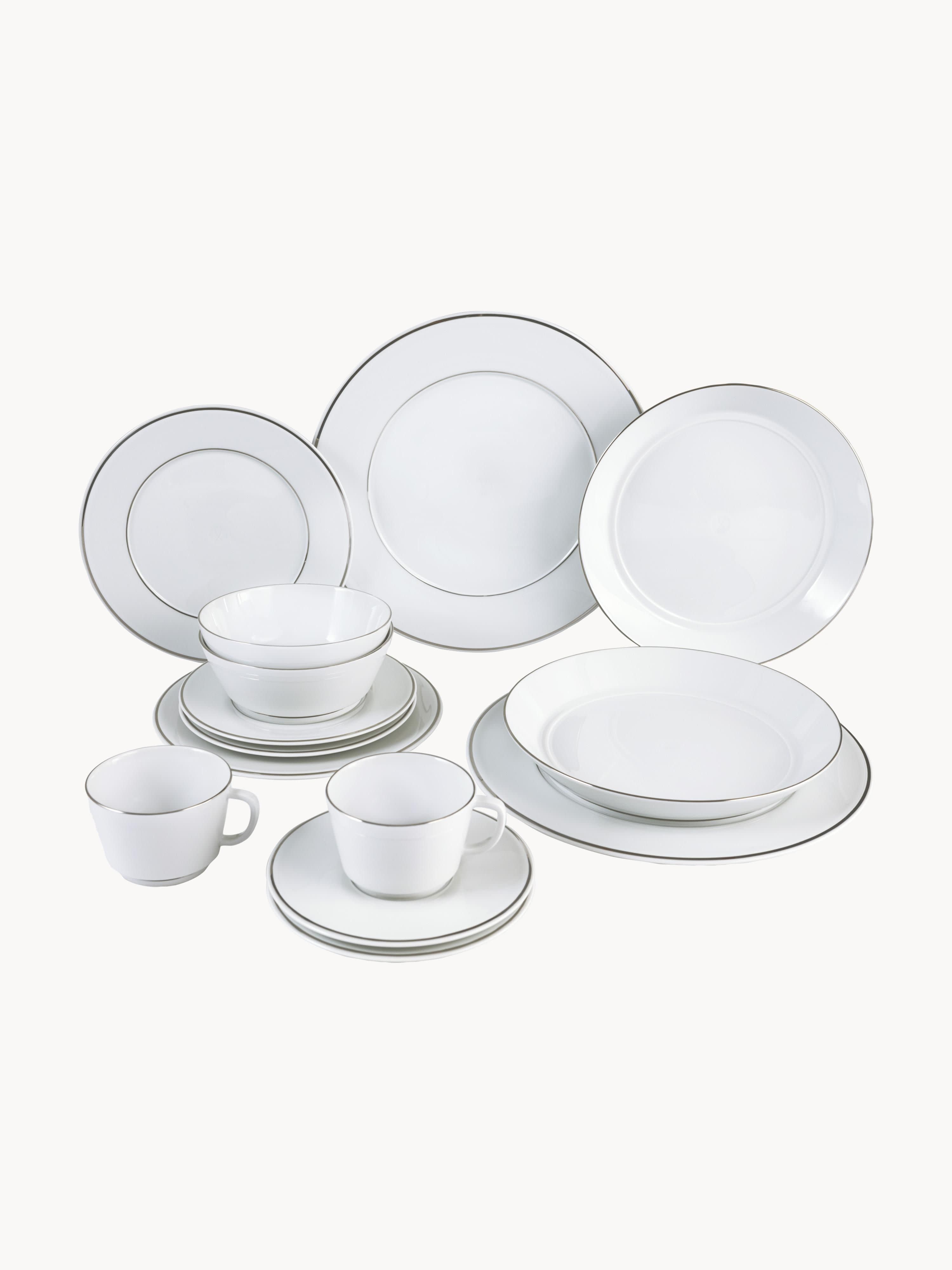 Gallery image 1 - Handmade Porcelain Tableware Set Vitruv with Hand-Painted Platinum Rim, 2 People, Set of 14