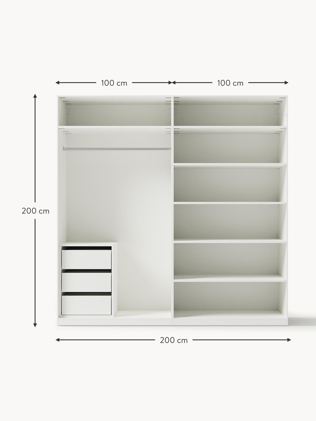 Jeanne Modular Hinged Door Wardrobe, 200 cm Wide, in various sizes