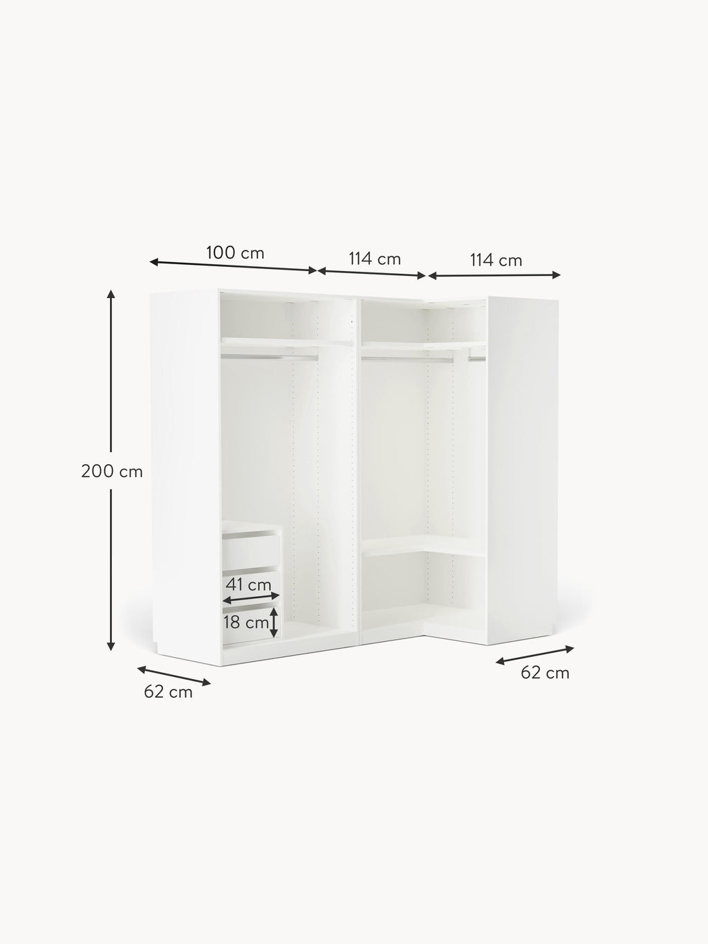 Leon Modular Corner Wardrobe, 215 cm Wide, in various sizes
