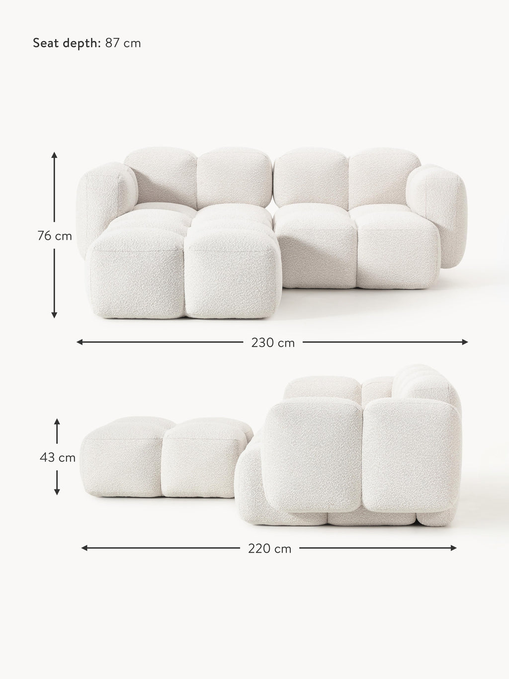 Tayla Bouclé Modular Sofa (2-seater) with Ottoman (left/right)