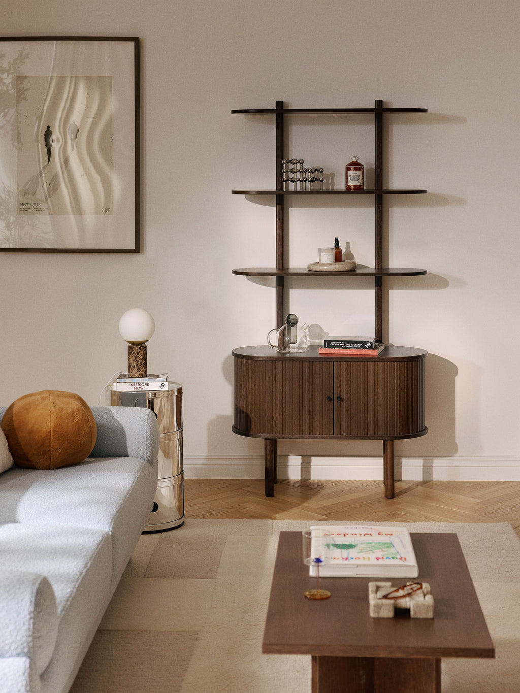 Calary Narrow Shelving Unit with Fluted Front