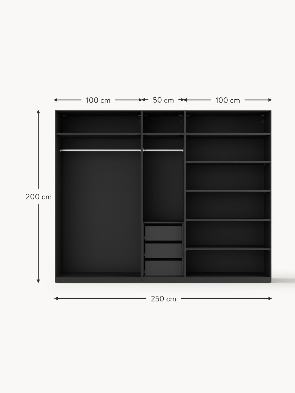 Jeanne Modular Hinged Door Wardrobe, 250 cm Wide, in various sizes