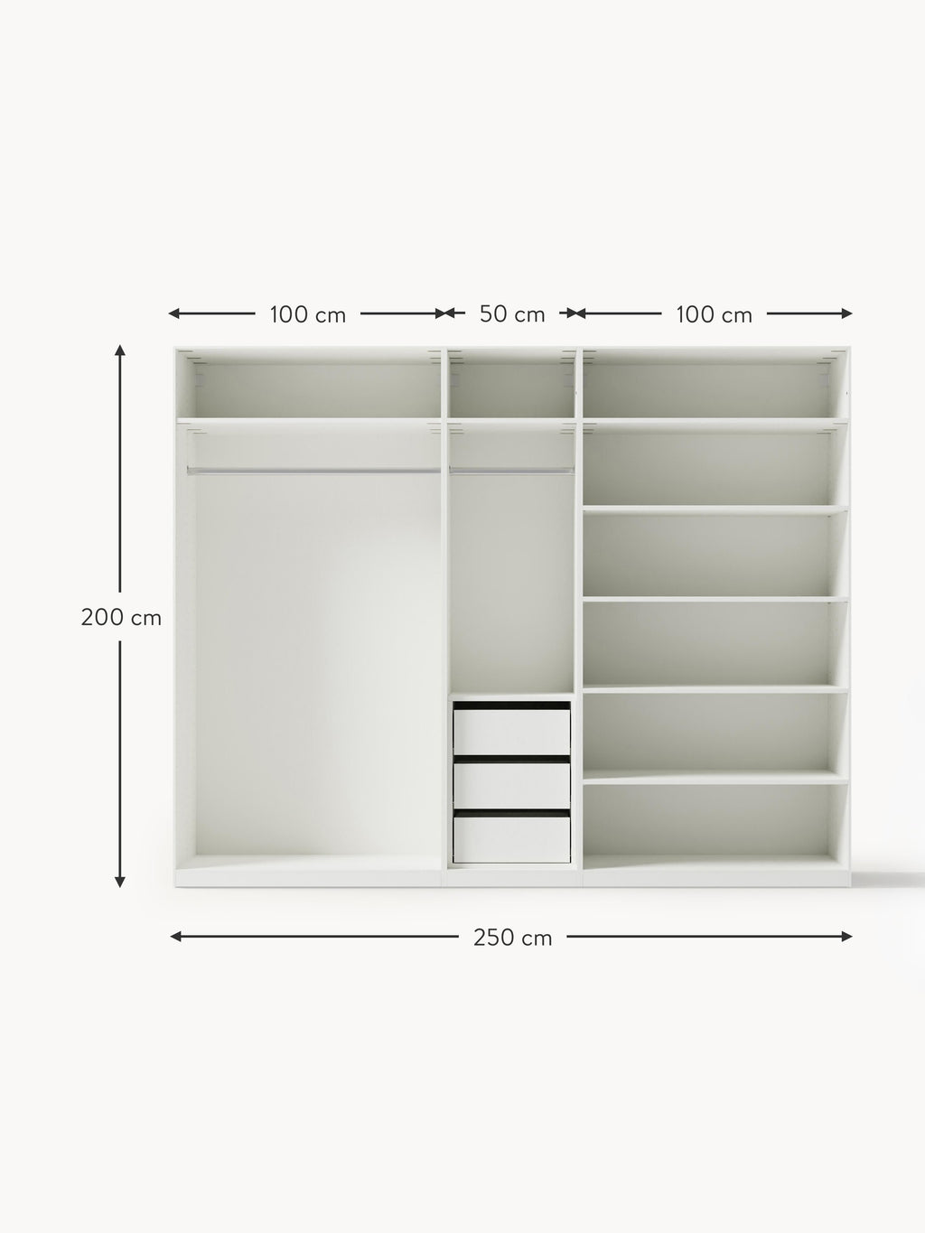 Jeanne Modular Hinged Door Wardrobe, 250 cm Wide, in various sizes